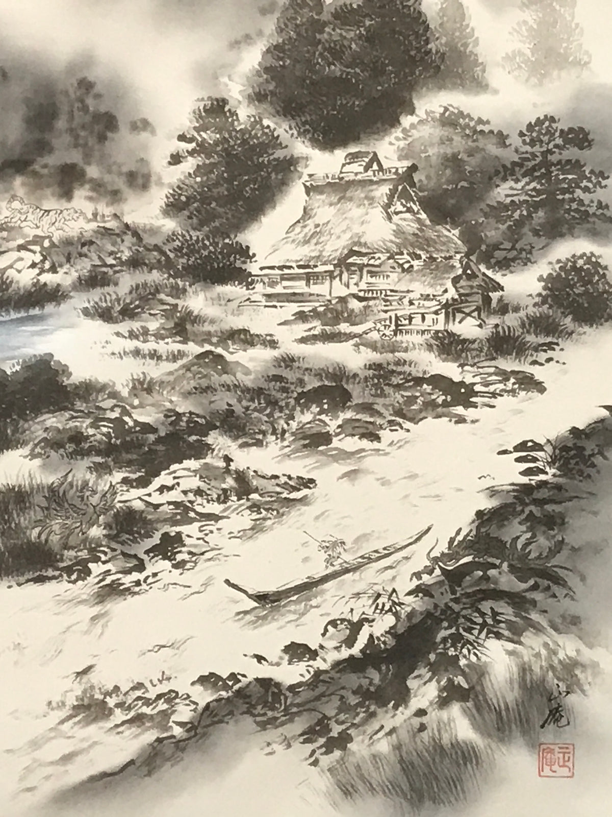 Japanese Hanging Scroll Kakejiku Vtg Mountain Trees House Landscape Sansui KJ239-AD - Scroll-chidorivintage.com