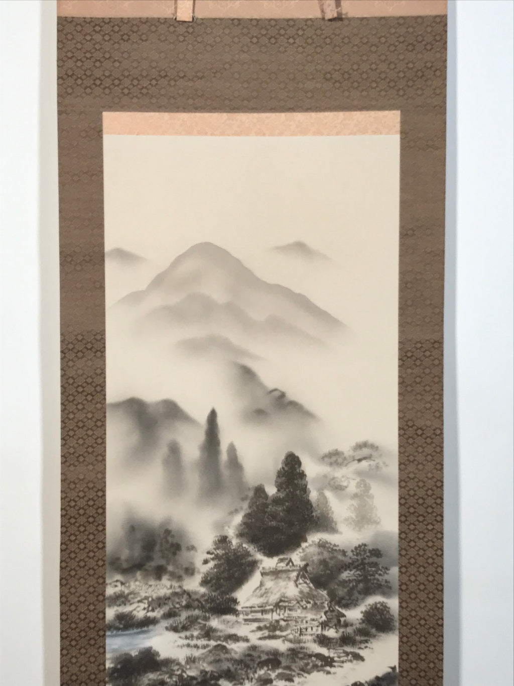 Japanese Hanging Scroll Kakejiku Vtg Mountain Trees House Landscape Sansui KJ239-AD - Scroll-chidorivintage.com