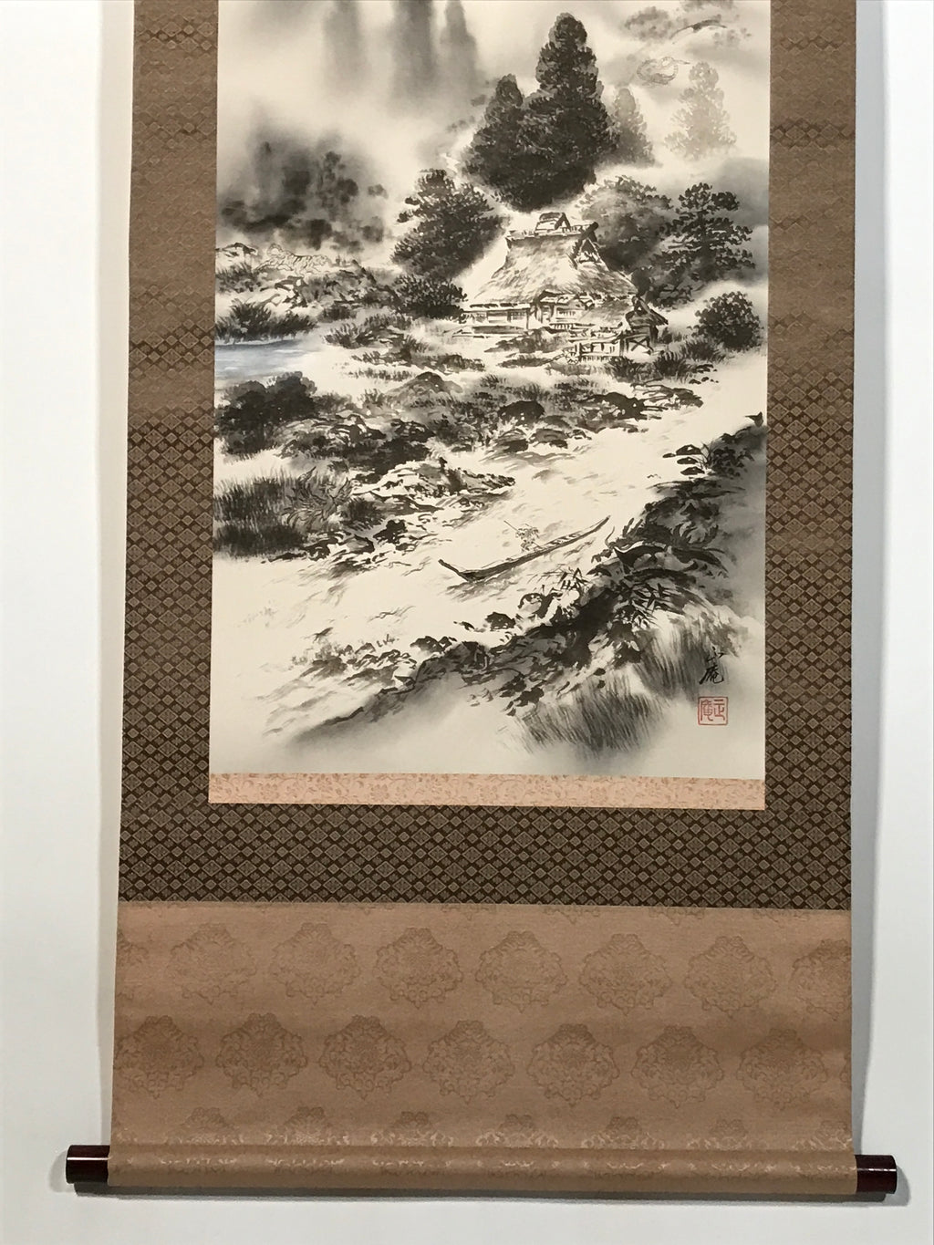 Japanese Hanging Scroll Kakejiku Vtg Mountain Trees House Landscape Sansui KJ239-AD - Scroll-chidorivintage.com