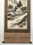 Japanese Hanging Scroll Kakejiku Vtg Mountain Trees House Landscape Sansui KJ239-AD - Scroll-chidorivintage.com