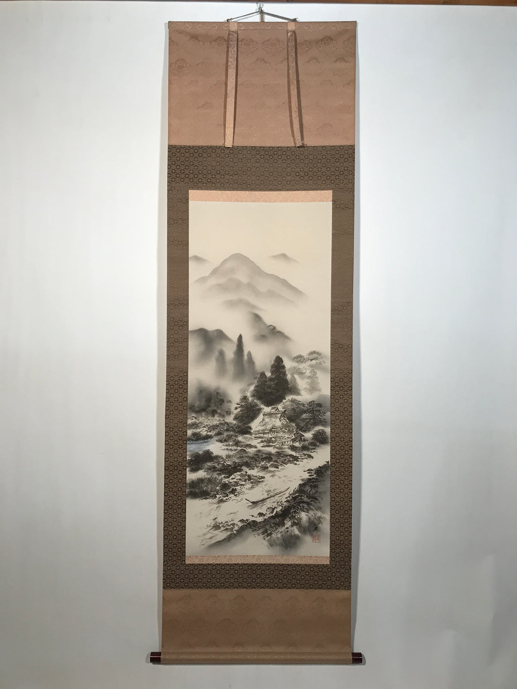Japanese Hanging Scroll Kakejiku Vtg Mountain Trees House Landscape Sansui KJ239-AD - Scroll-chidorivintage.com