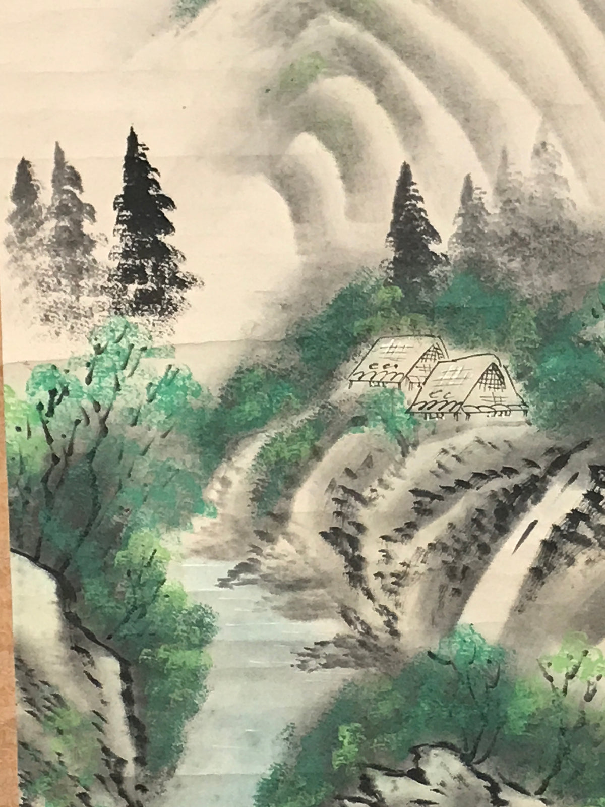 Japanese Hanging Scroll Kakejiku Vtg Mountain River Landscape Sansui Color KJ240-AD - Scroll-chidorivintage.com