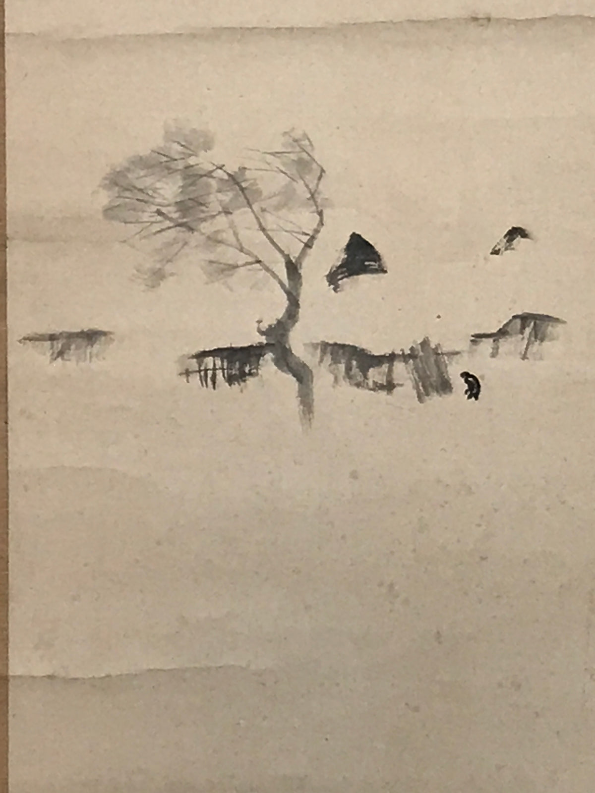 Japanese Hanging Scroll Kakejiku Vtg Man Walking Storm Landscape Black Ink KJ242-AD - Scroll-chidorivintage.com