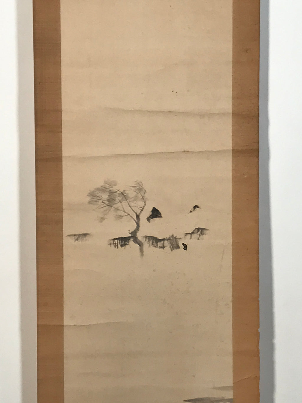 Japanese Hanging Scroll Kakejiku Vtg Man Walking Storm Landscape Black Ink KJ242-AD - Scroll-chidorivintage.com
