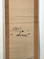 Japanese Hanging Scroll Kakejiku Vtg Man Walking Storm Landscape Black Ink KJ242-AD - Scroll-chidorivintage.com