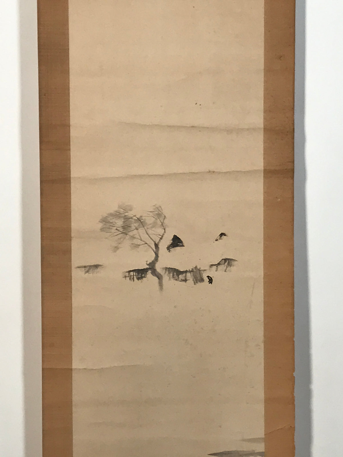 Japanese Hanging Scroll Kakejiku Vtg Man Walking Storm Landscape Black Ink KJ242-AD - Scroll-chidorivintage.com