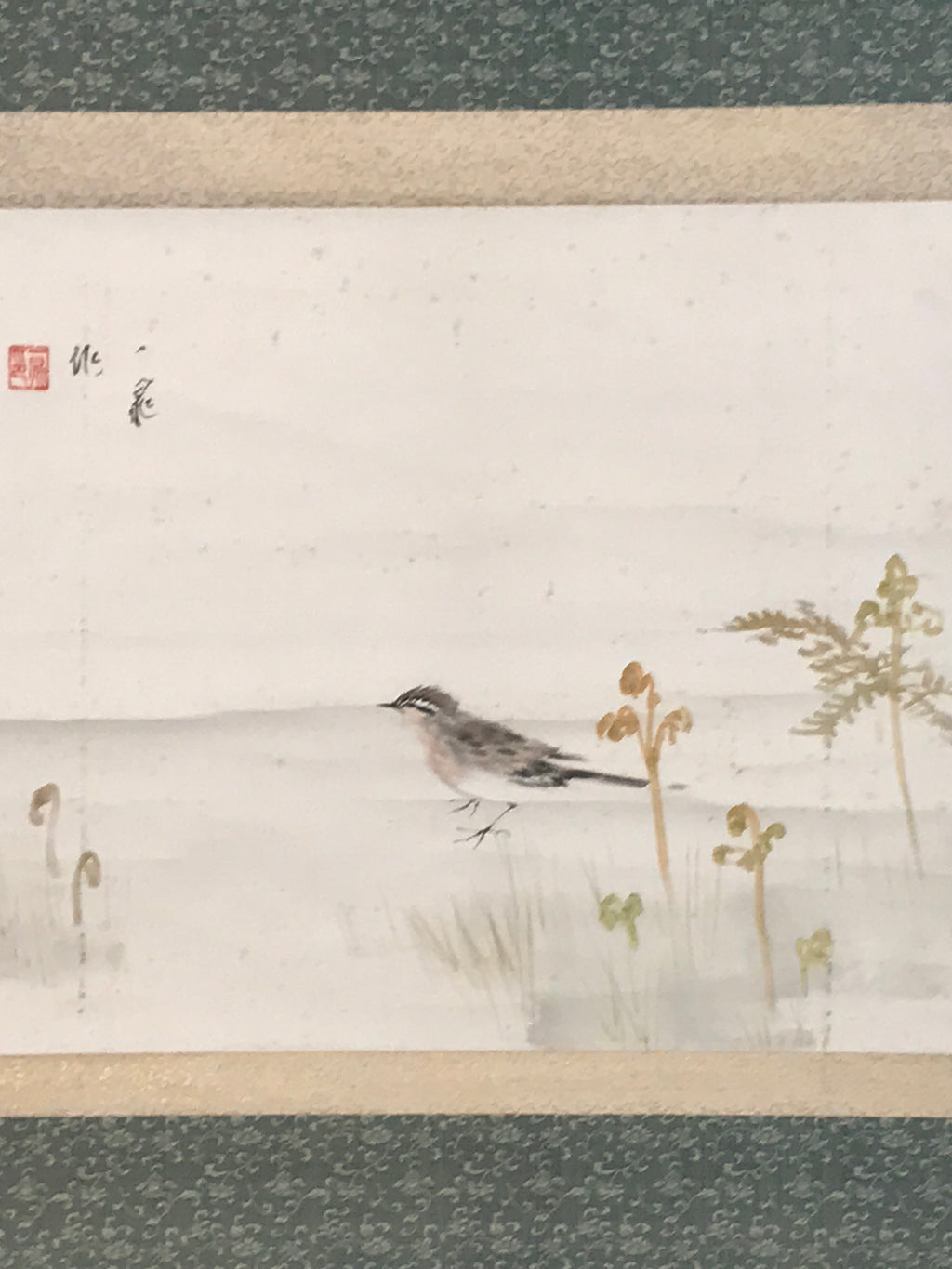 Japanese Hanging Scroll Kakejiku Vtg Bird Wagtail Plants Fern Color Green KJ245-AD - Scroll-chidorivintage.com