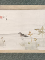 Japanese Hanging Scroll Kakejiku Vtg Bird Wagtail Plants Fern Color Green KJ245-AD - Scroll-chidorivintage.com