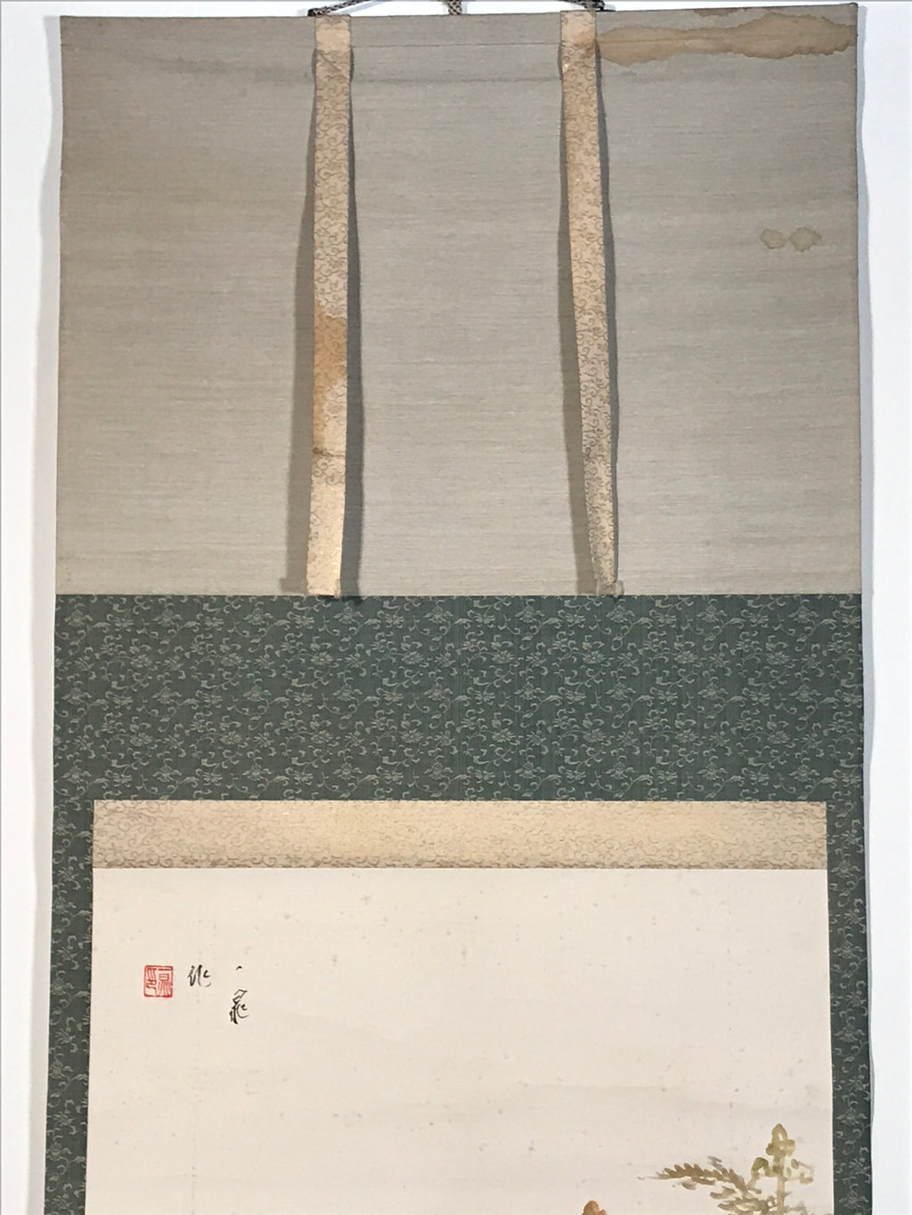 Japanese Hanging Scroll Kakejiku Vtg Bird Wagtail Plants Fern Color Green KJ245-AD - Scroll-chidorivintage.com