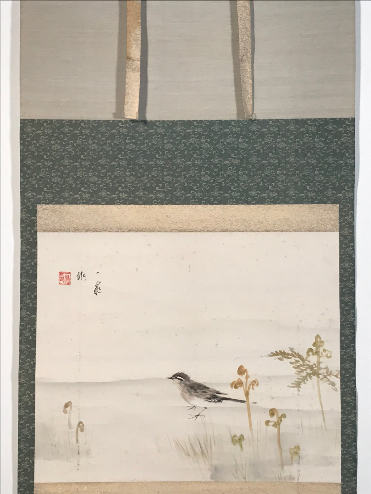Japanese Hanging Scroll Kakejiku Vtg Bird Wagtail Plants Fern Color Green KJ245-AD - Scroll-chidorivintage.com