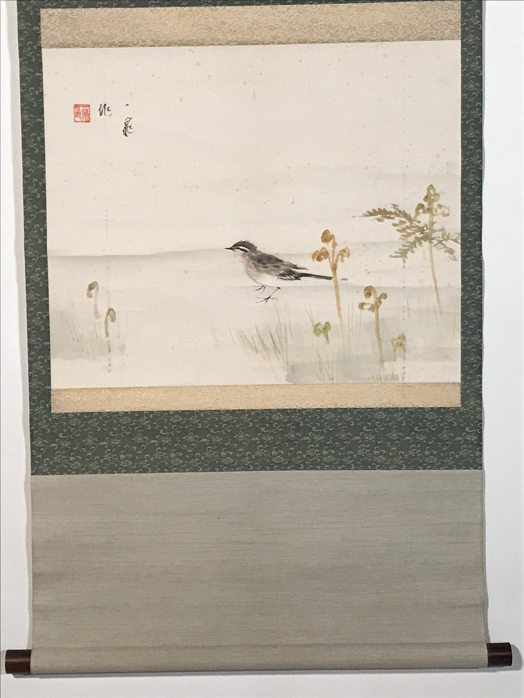 Japanese Hanging Scroll Kakejiku Vtg Bird Wagtail Plants Fern Color Green KJ245-AD - Scroll-chidorivintage.com