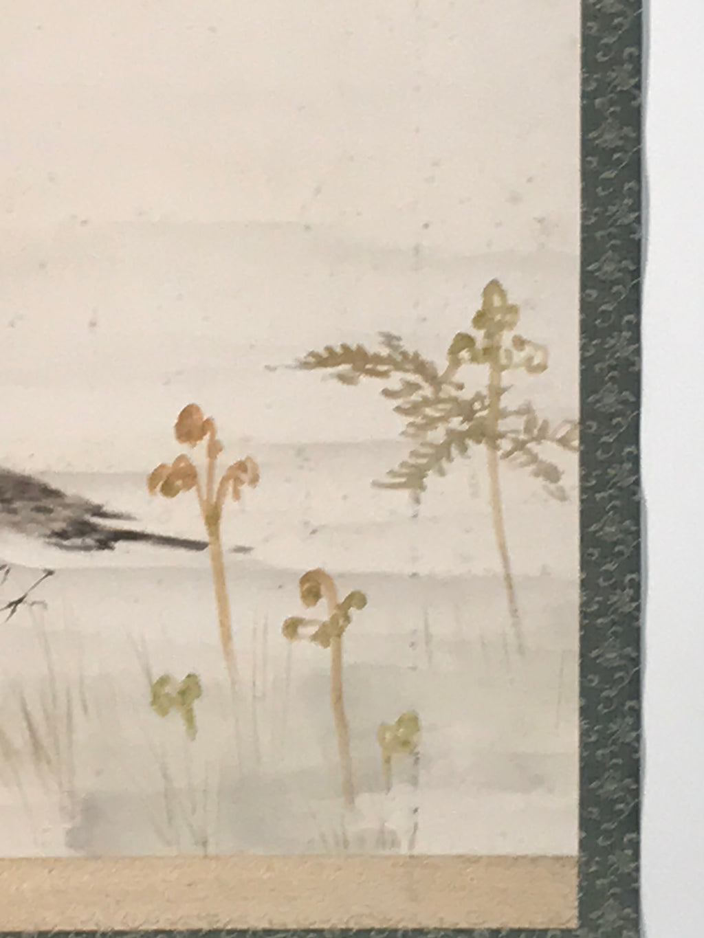 Japanese Hanging Scroll Kakejiku Vtg Bird Wagtail Plants Fern Color Green KJ245-AD - Scroll-chidorivintage.com