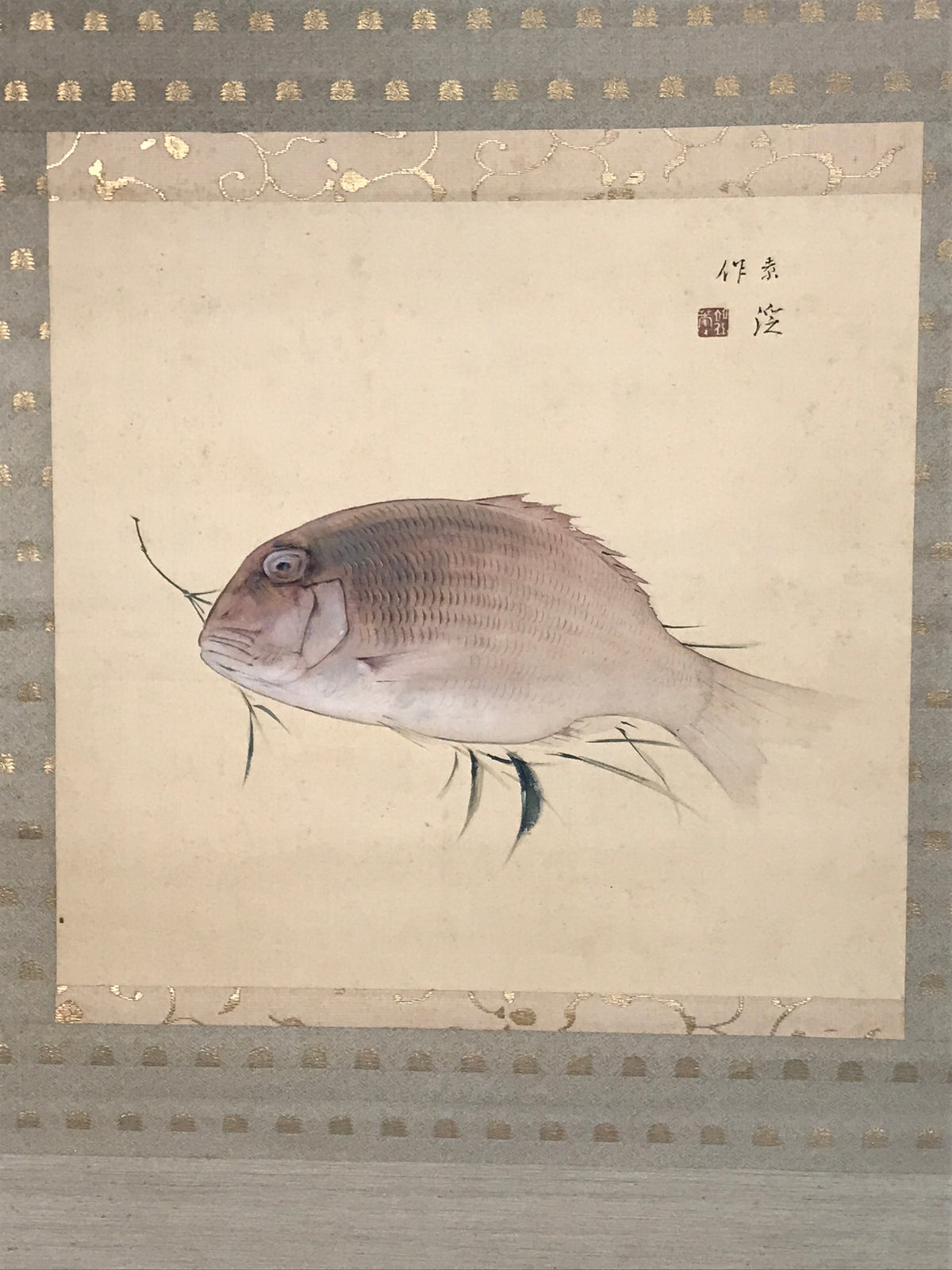 Japanese Hanging Scroll Kakejiku Vtg Sea Bream Tai Realistic Style Color KJ246-AD - Scroll-chidorivintage.com