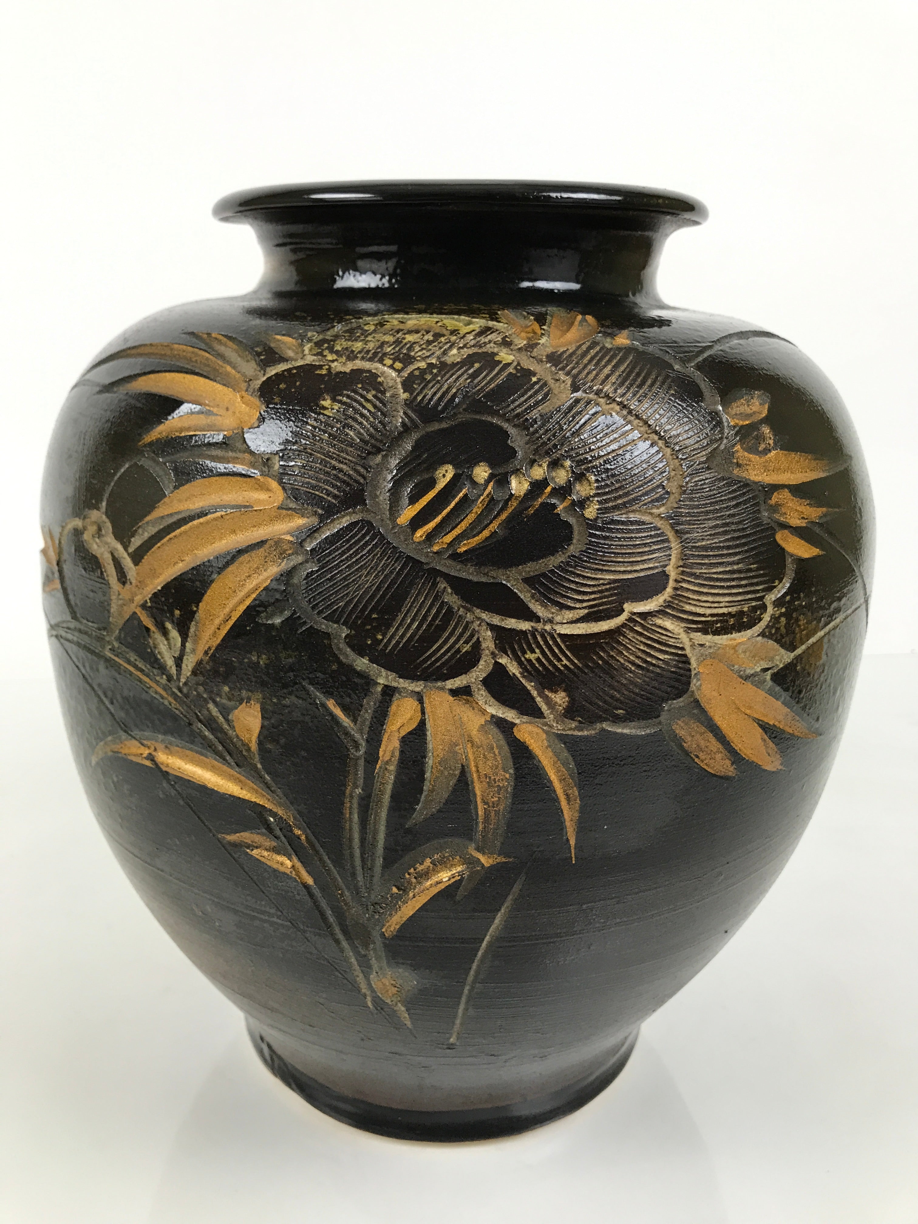 Japanese Ceramic Flower Vase Vtg Ikebana Kabin Brown Floral Round Large FK250-KT - Vase-chidorivintage.com