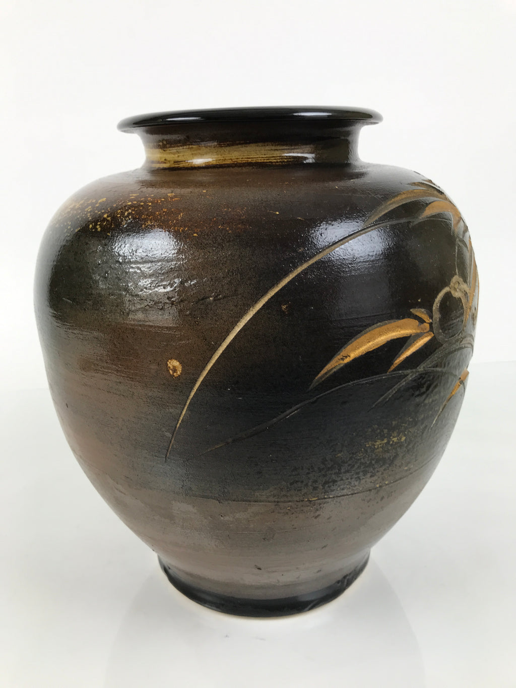 Japanese Ceramic Flower Vase Vtg Ikebana Kabin Brown Floral Round Large FK250-KT - Vase-chidorivintage.com