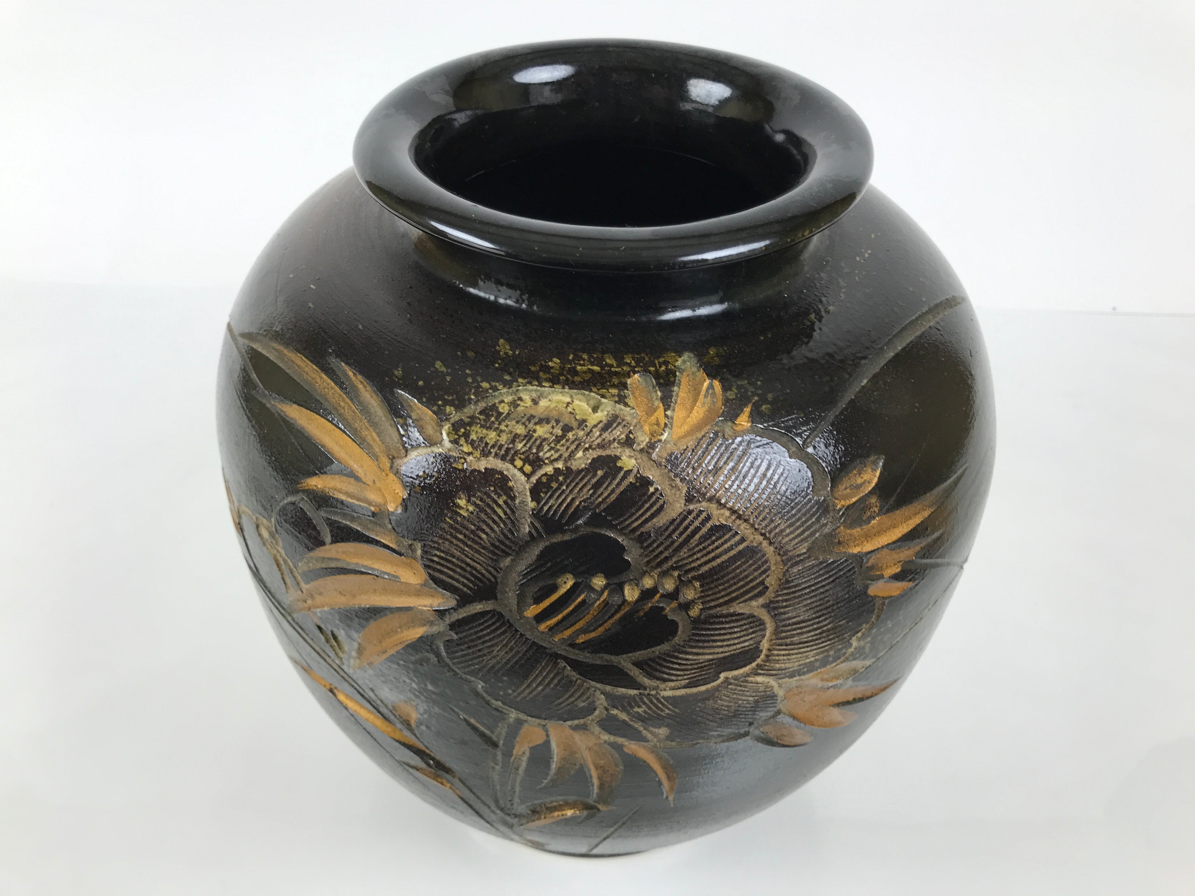 Japanese Ceramic Flower Vase Vtg Ikebana Kabin Brown Floral Round Large FK250-KT - Vase-chidorivintage.com