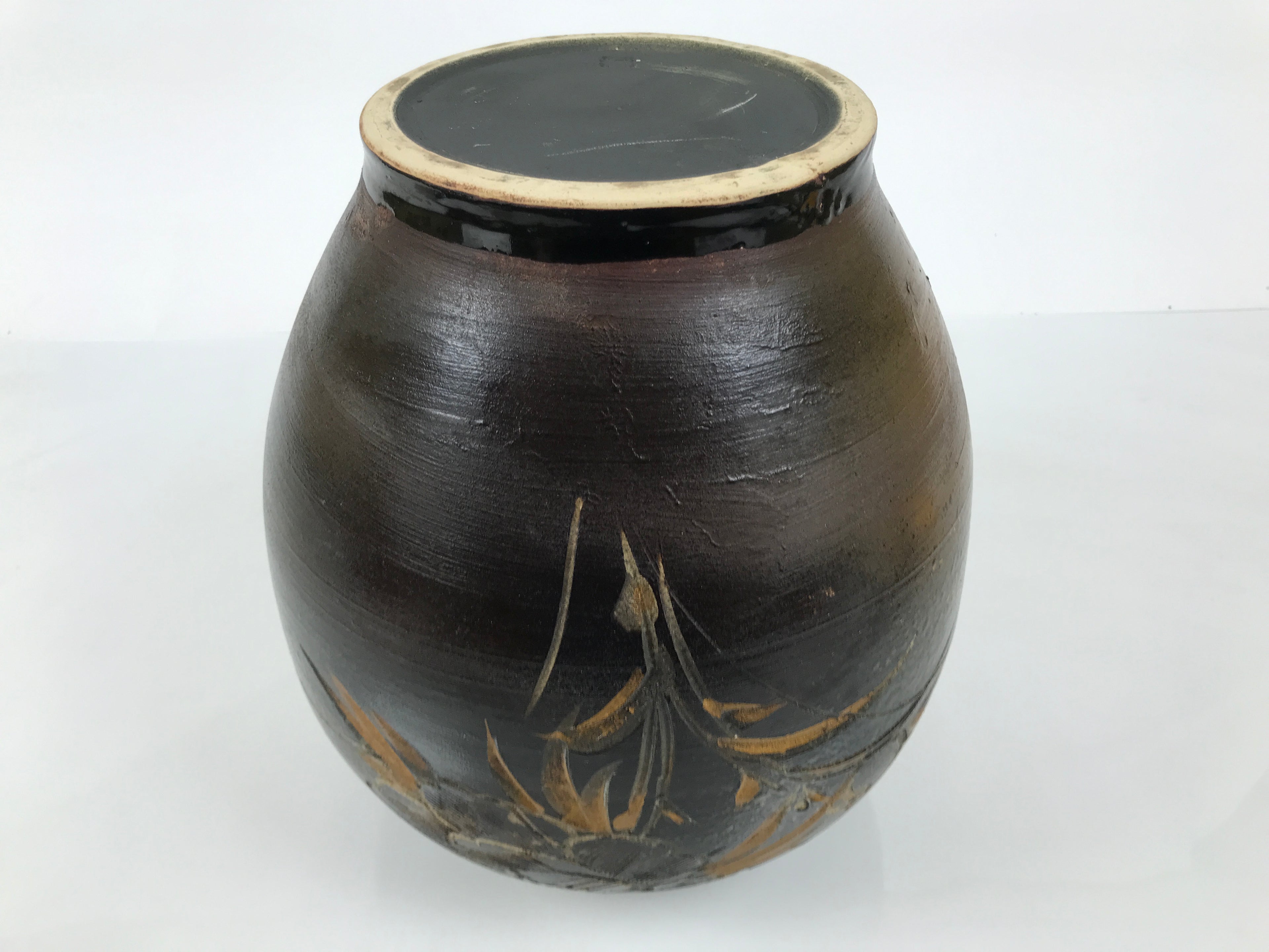 Japanese Ceramic Flower Vase Vtg Ikebana Kabin Brown Floral Round Large FK250-KT - Vase-chidorivintage.com