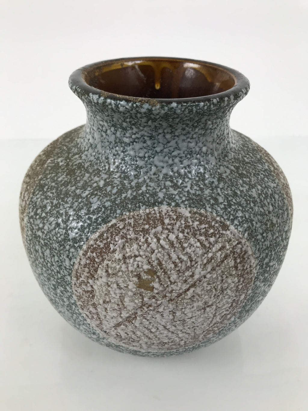Japanese Ceramic Flower Vase Vtg Ikebana Kabin Round Green Brown White FK251-KT - Vase-chidorivintage.com