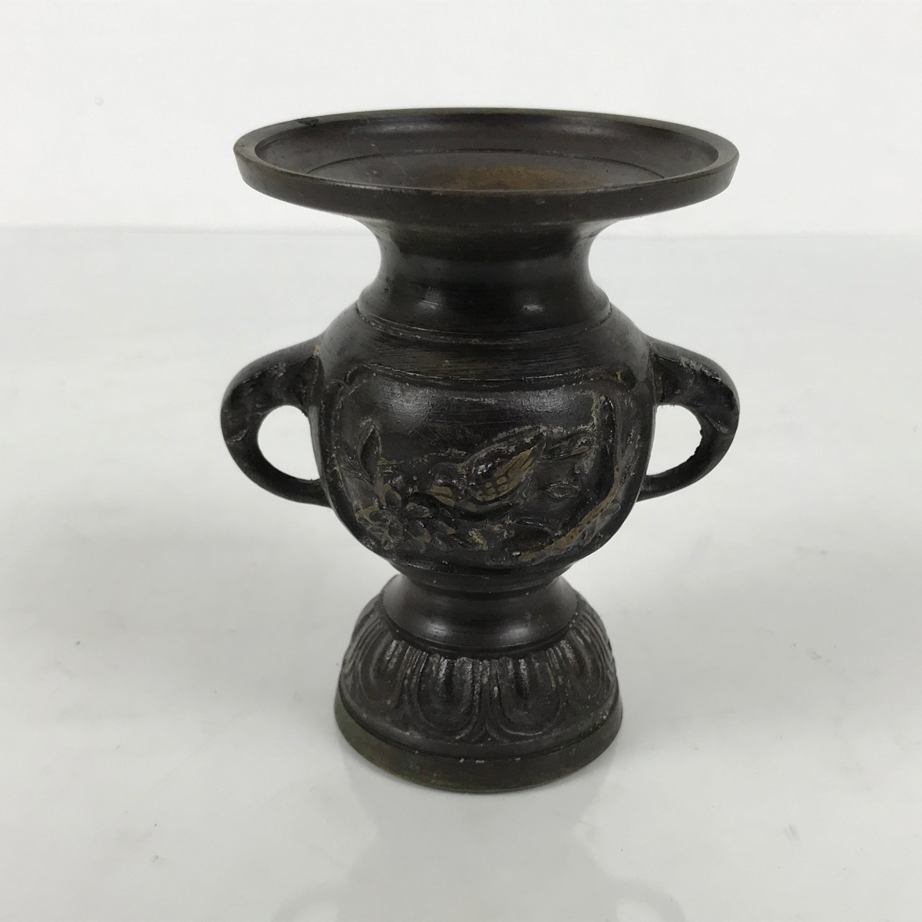 Japanese Buddhist Altar Bronze Metal Flower Vase Vtg Hanatate Brown Birds BA992-OT - Buddhist-chidorivintage.com