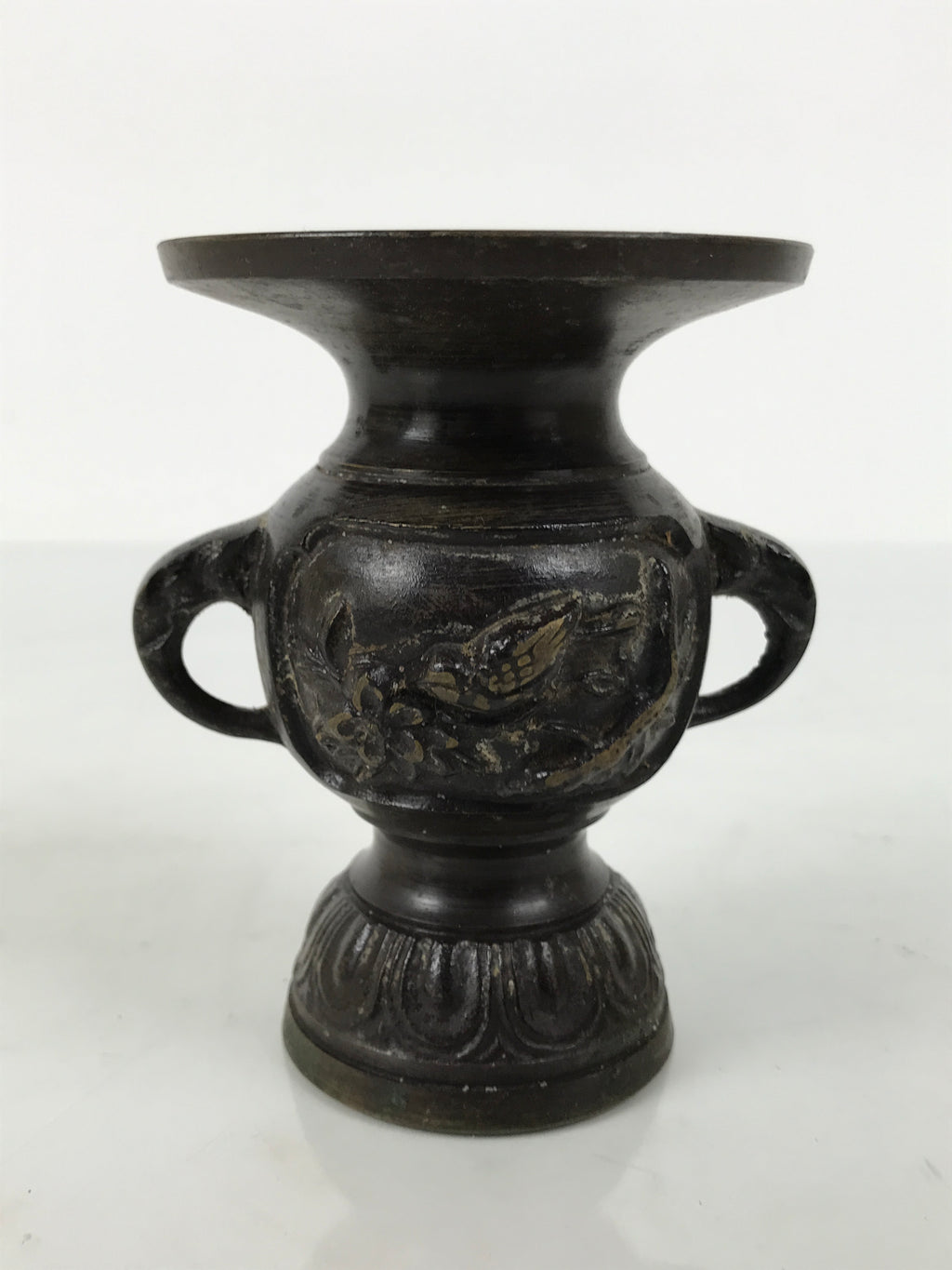 Japanese Buddhist Altar Bronze Metal Flower Vase Vtg Hanatate Brown Birds BA992-OT - Buddhist-chidorivintage.com