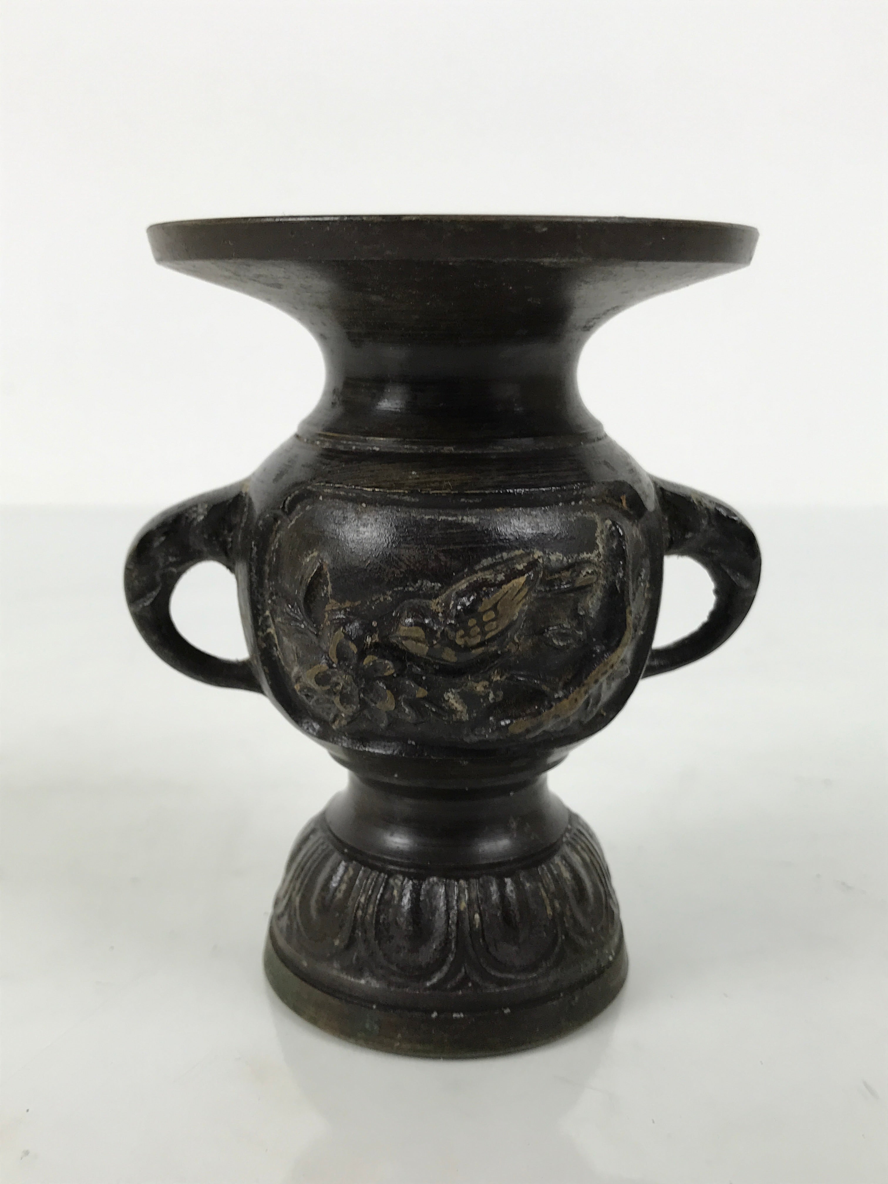 Japanese Buddhist Altar Bronze Metal Flower Vase Vtg Hanatate Brown Birds BA992-OT - Buddhist-chidorivintage.com