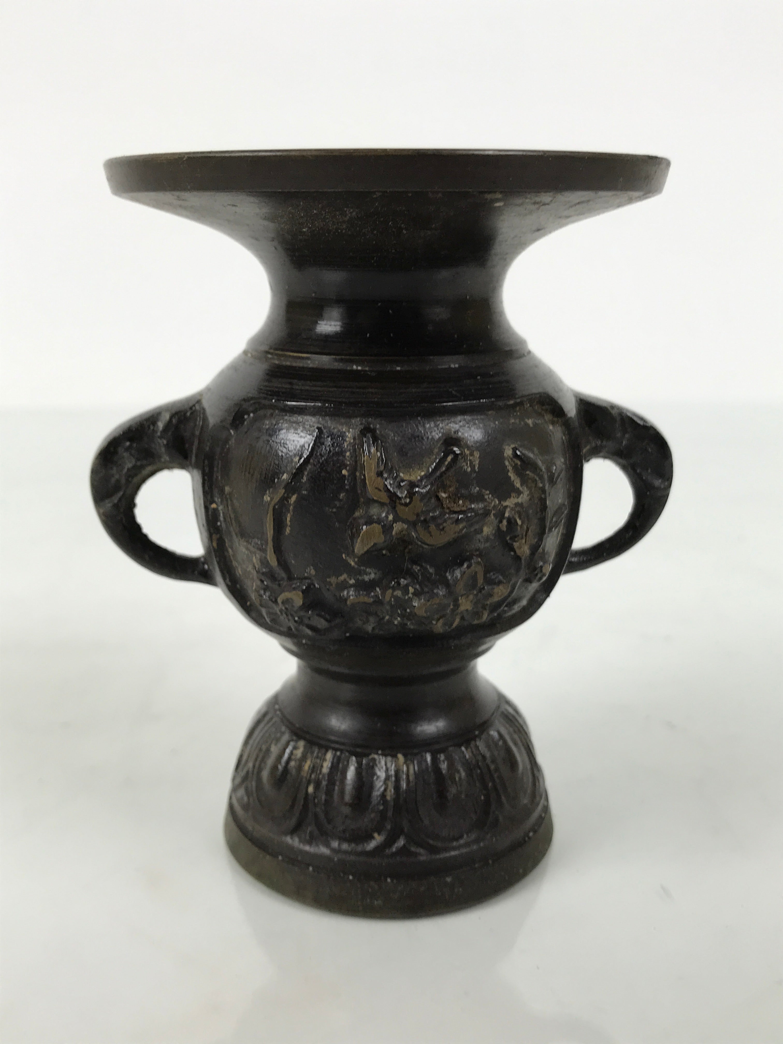 Japanese Buddhist Altar Bronze Metal Flower Vase Vtg Hanatate Brown Birds BA992-OT - Buddhist-chidorivintage.com