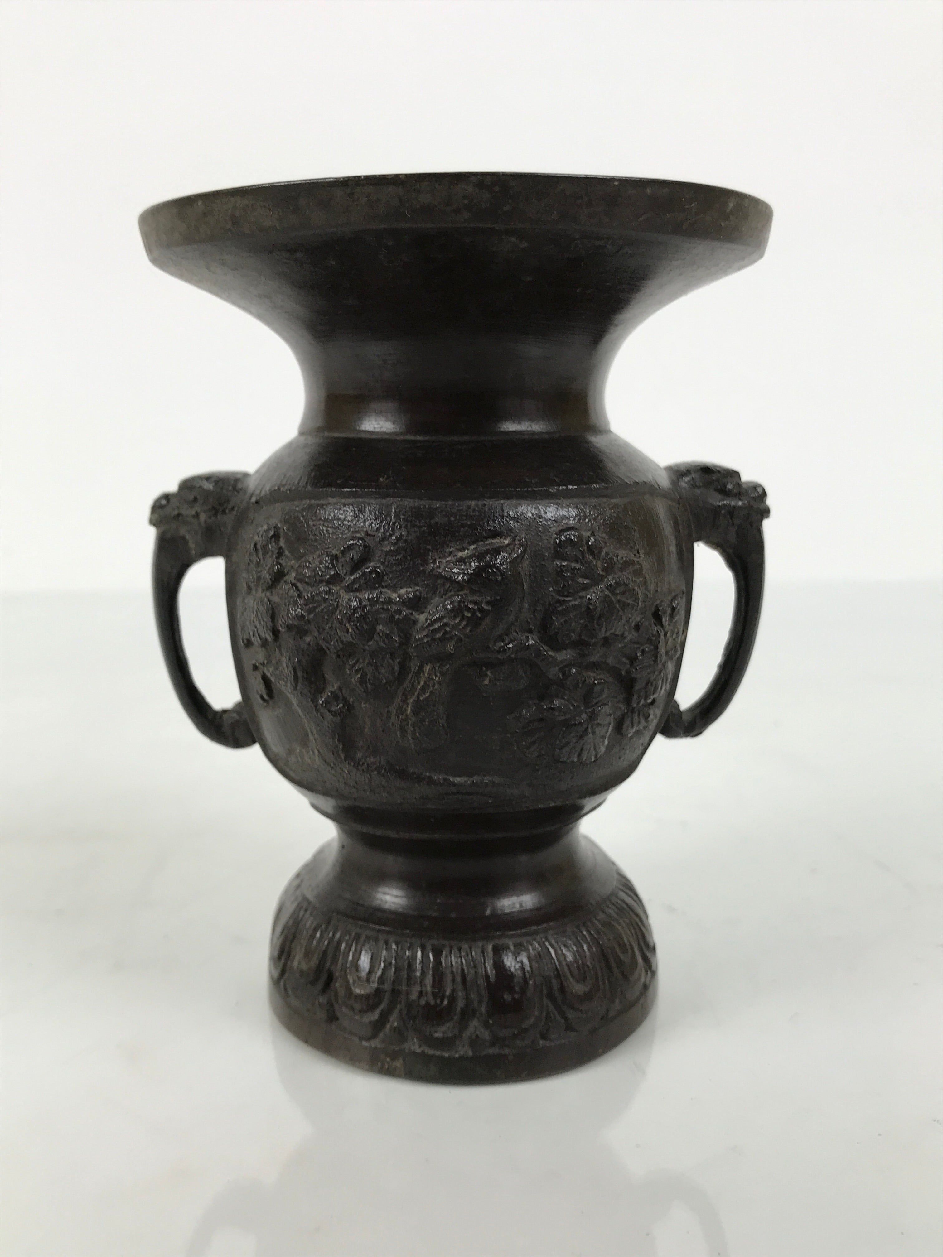 Japanese Buddhist Altar Bronze Metal Flower Vase Vtg Hanatate Brown Birds BA991-OT - Buddhist-chidorivintage.com