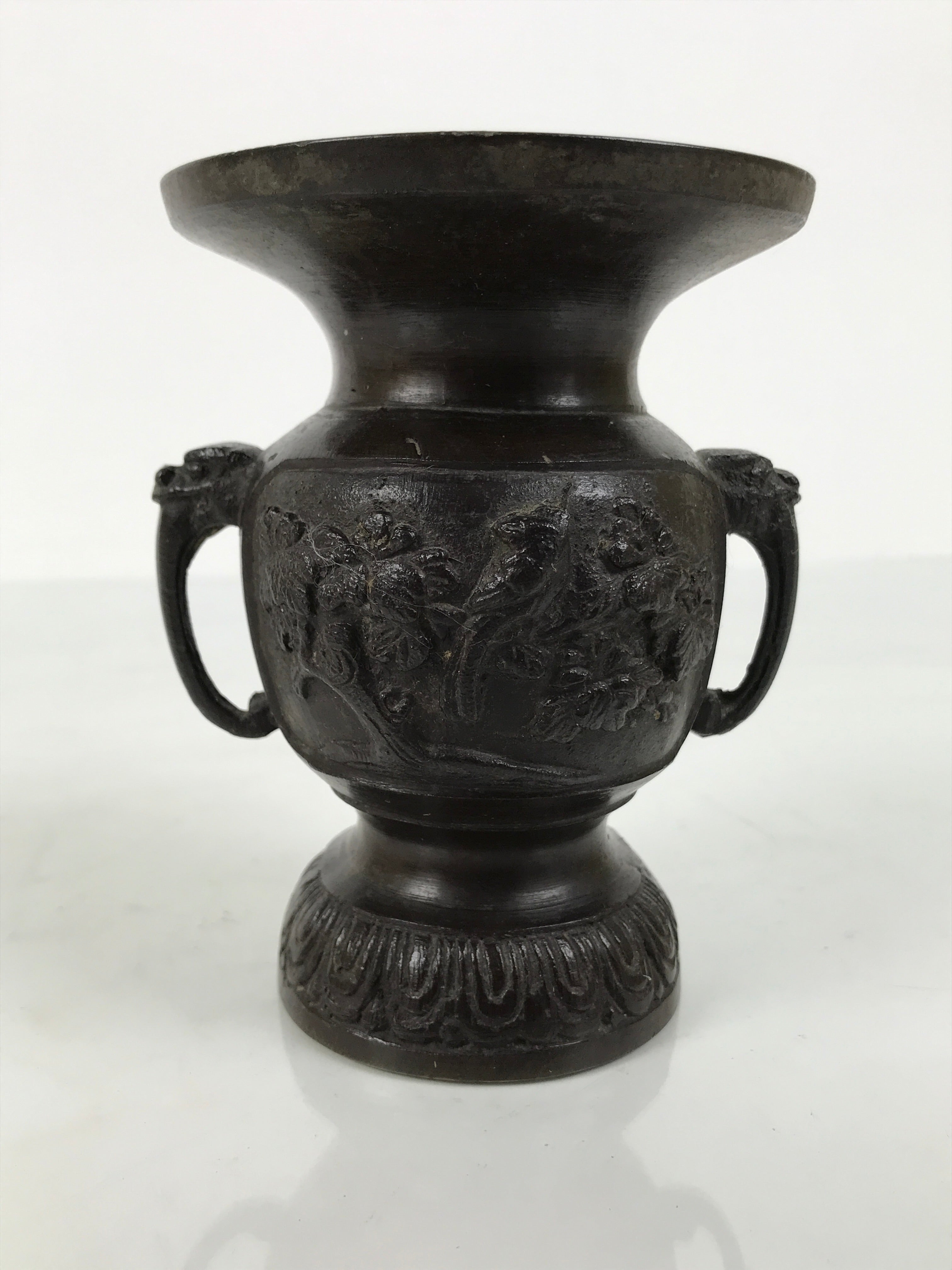 Japanese Buddhist Altar Bronze Metal Flower Vase Vtg Hanatate Brown Birds BA991-OT - Buddhist-chidorivintage.com