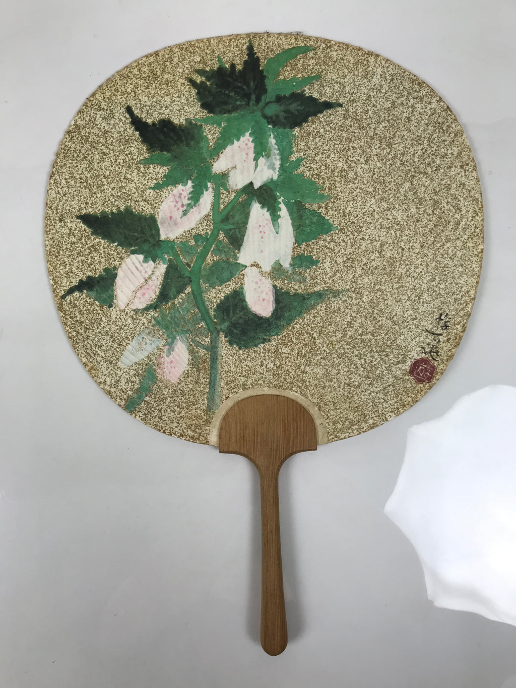 Japanese Paper Fan Large Uchiwa Vtg Wooden Handle Ogura Yuki Pink Flowers U193-AD - Fan-chidorivintage.com