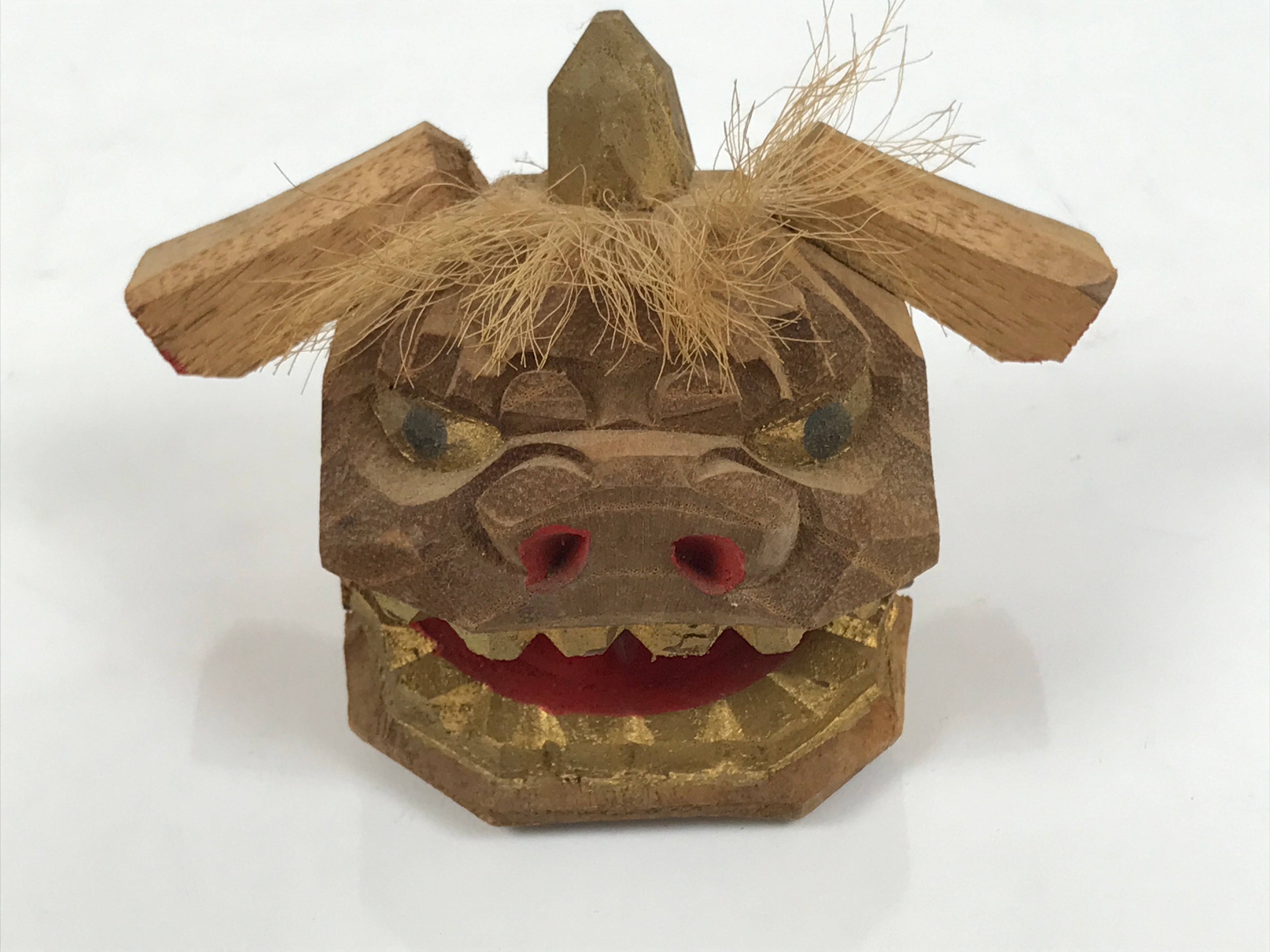 Japanese Wooden Kokeshi Doll Vtg Shishi Head Figurine Kaga Shishimai Brown KF837-AD - Kokeshi-chidorivintage.com