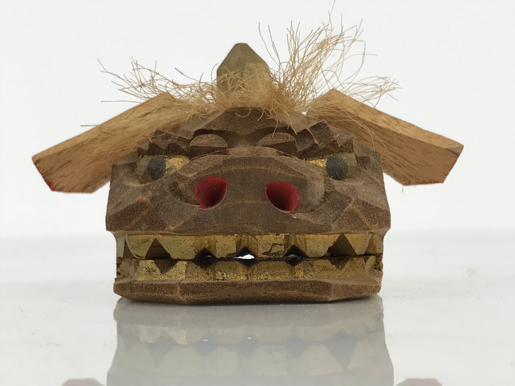 Japanese Wooden Kokeshi Doll Vtg Shishi Head Figurine Kaga Shishimai Brown KF837-AD - Kokeshi-chidorivintage.com