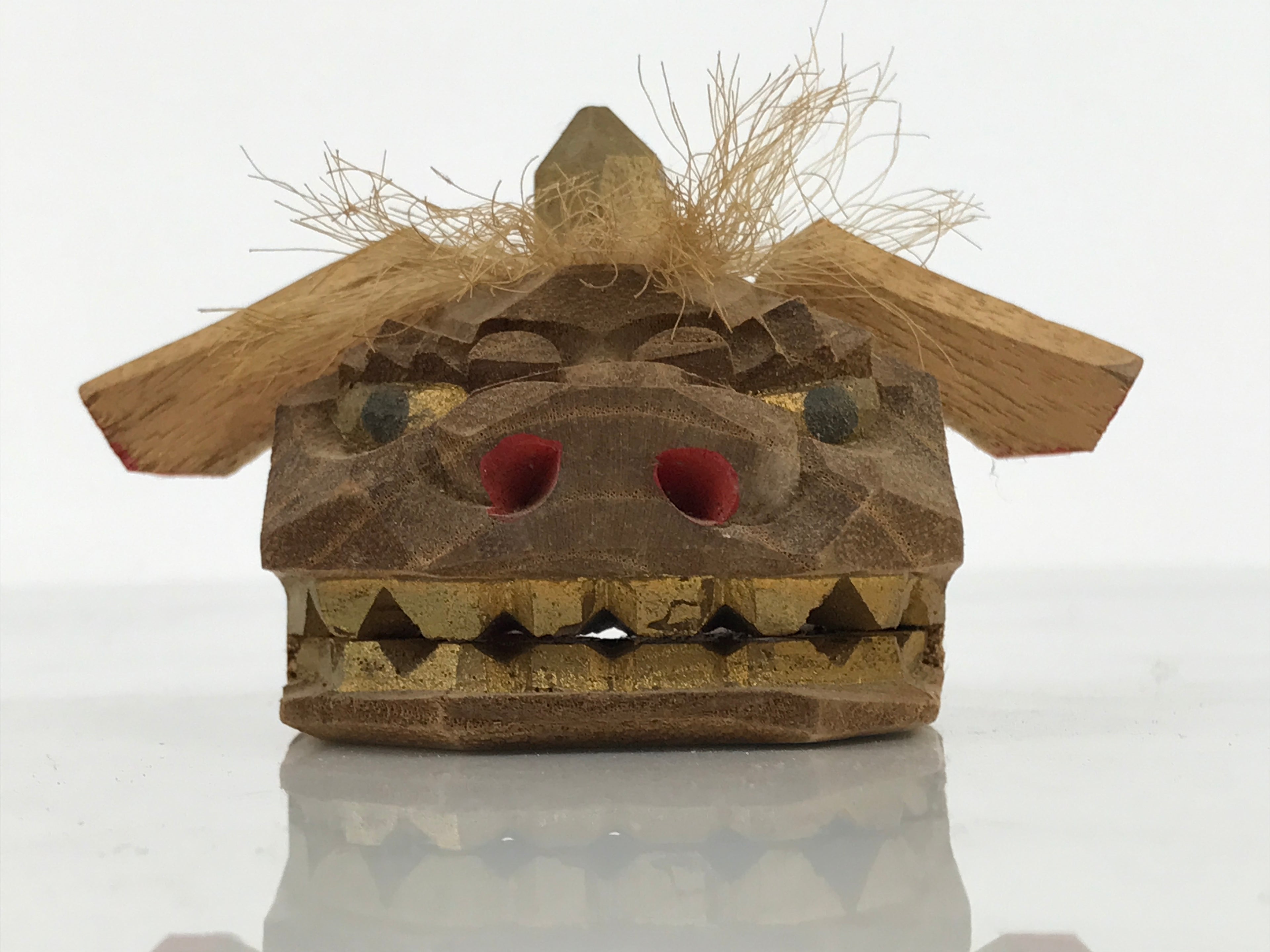 Japanese Wooden Kokeshi Doll Vtg Shishi Head Figurine Kaga Shishimai Brown KF837-AD - Kokeshi-chidorivintage.com
