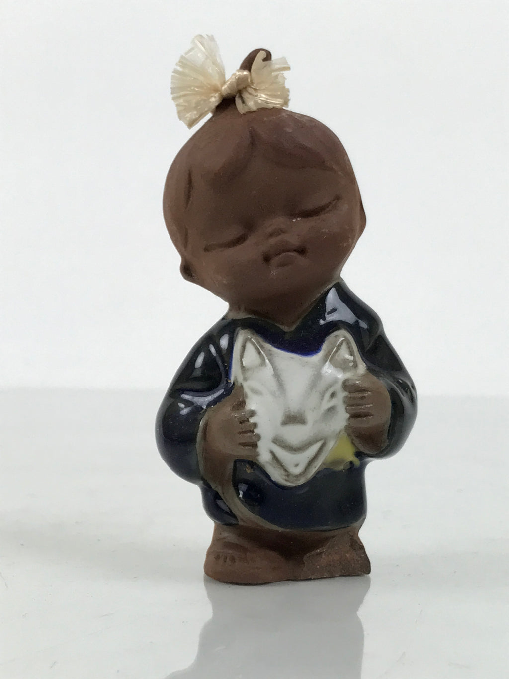 Japanese Seto Ceramic Young Girl Figurine Vtg Child Blue Kimono Red Clay ST103-AD - Figurine-chidorivintage.com