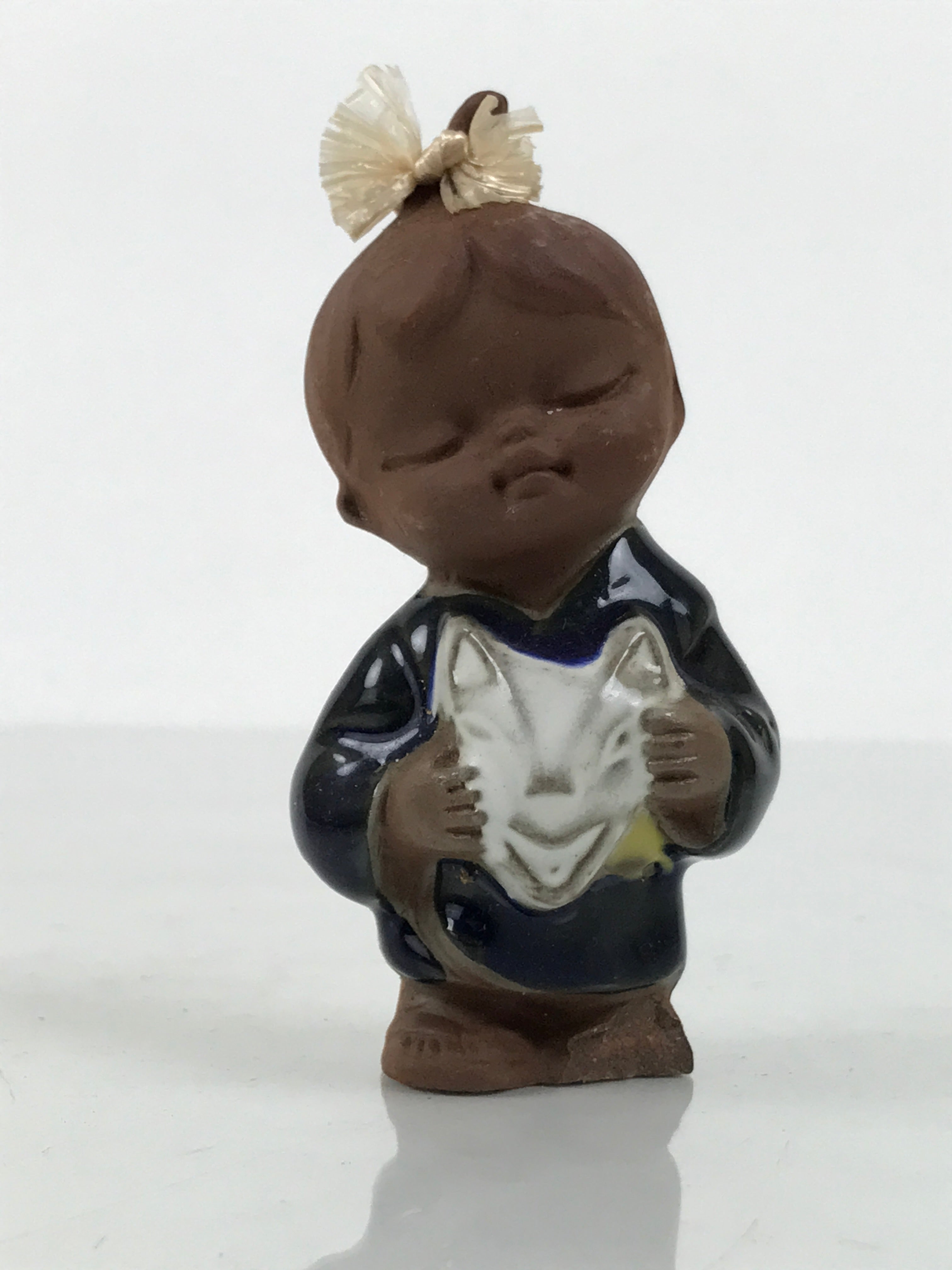 Japanese Seto Ceramic Young Girl Figurine Vtg Child Blue Kimono Red Clay ST103-AD - Figurine-chidorivintage.com