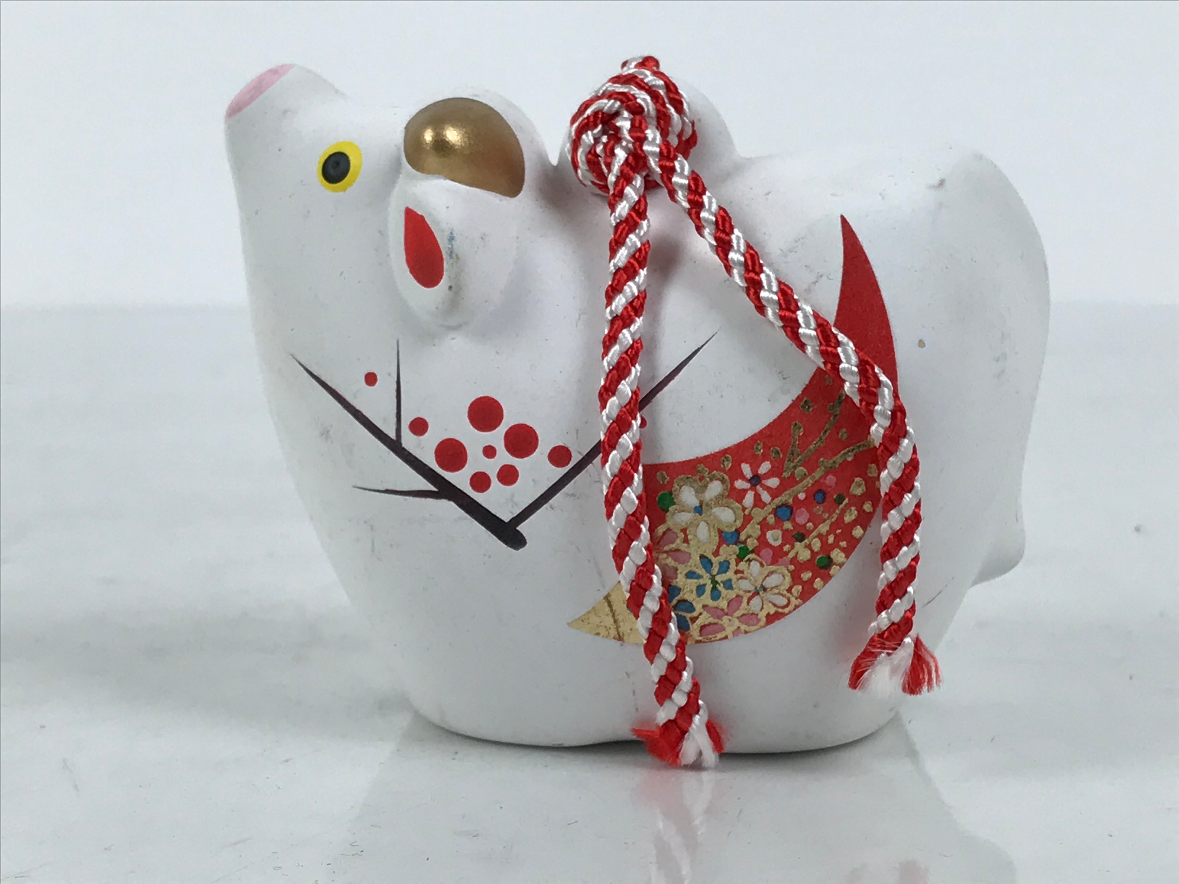 Japanese Clay Bell Dorei Cow Vtg Tsuchi-Suzu Zodiac Animal Ushi White Red DR688-AD - Dorei-chidorivintage.com