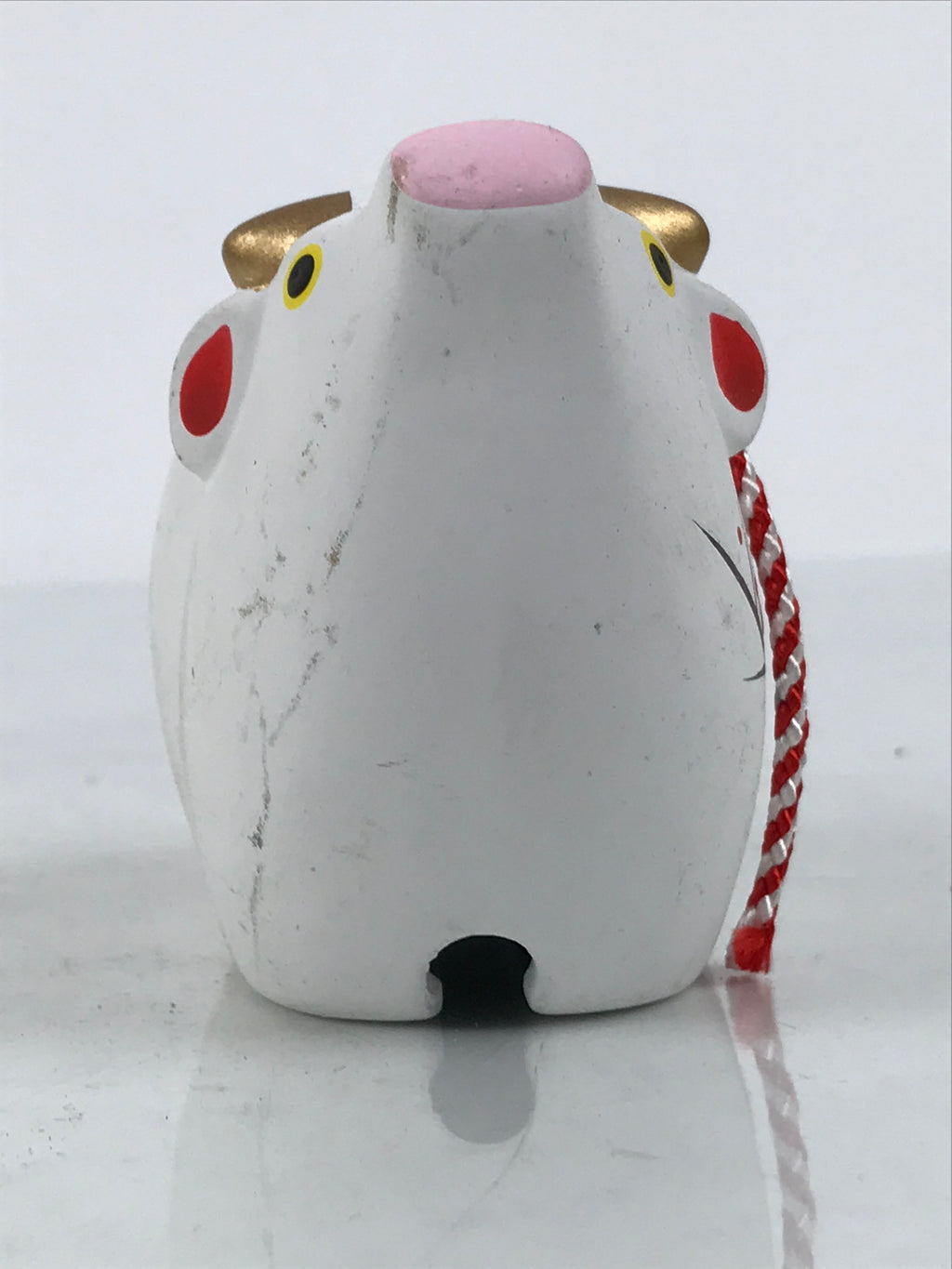Japanese Clay Bell Dorei Cow Vtg Tsuchi-Suzu Zodiac Animal Ushi White Red DR688-AD - Dorei-chidorivintage.com