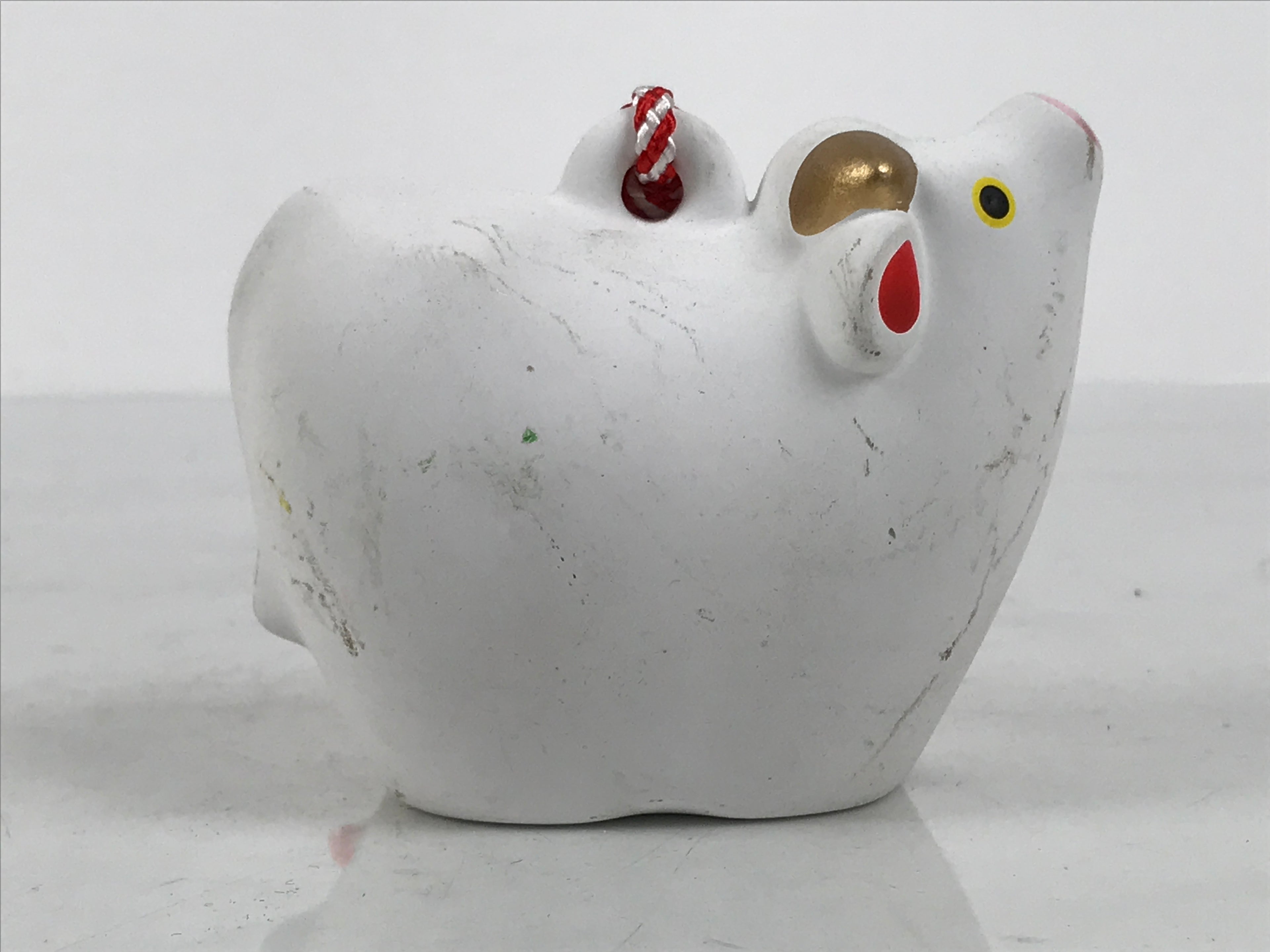 Japanese Clay Bell Dorei Cow Vtg Tsuchi-Suzu Zodiac Animal Ushi White Red DR688-AD - Dorei-chidorivintage.com