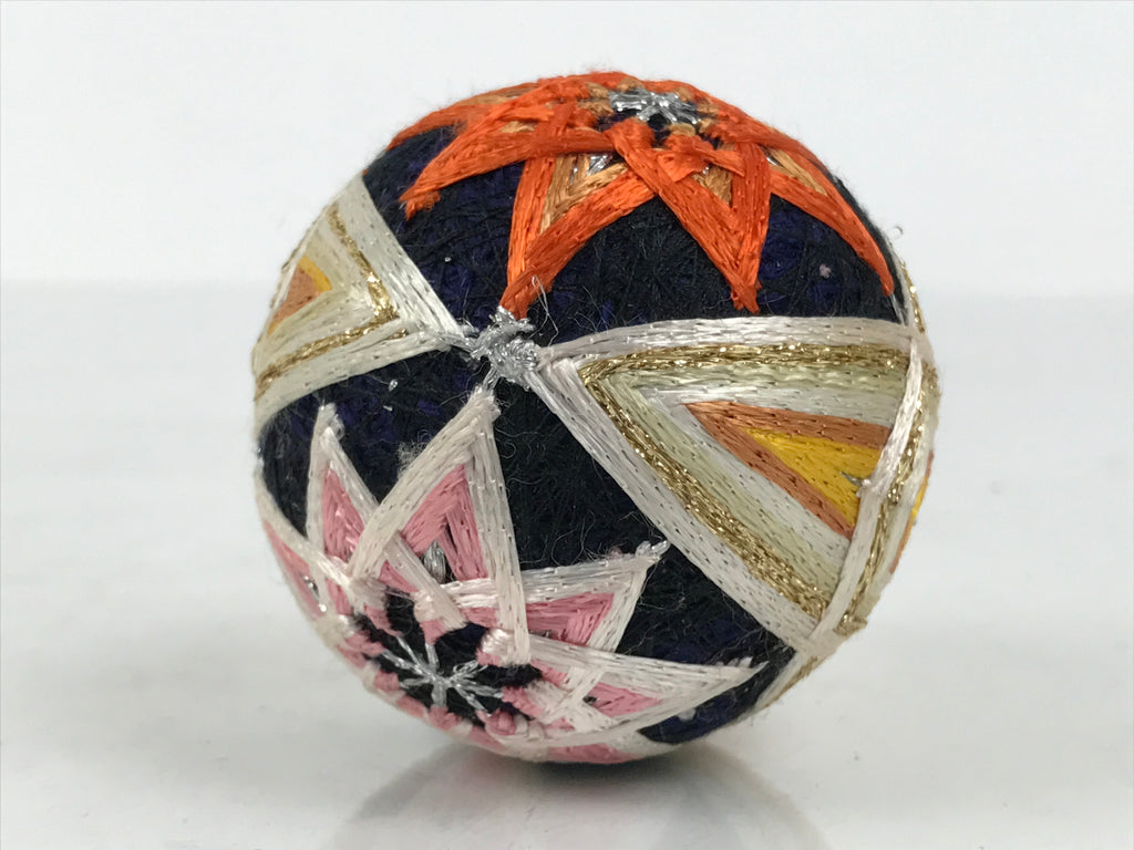Japanese Embroidered Silk Thread Ball Temari Vtg Traditional Toy Blue Gold ID693-TX - Other-chidorivintage.com