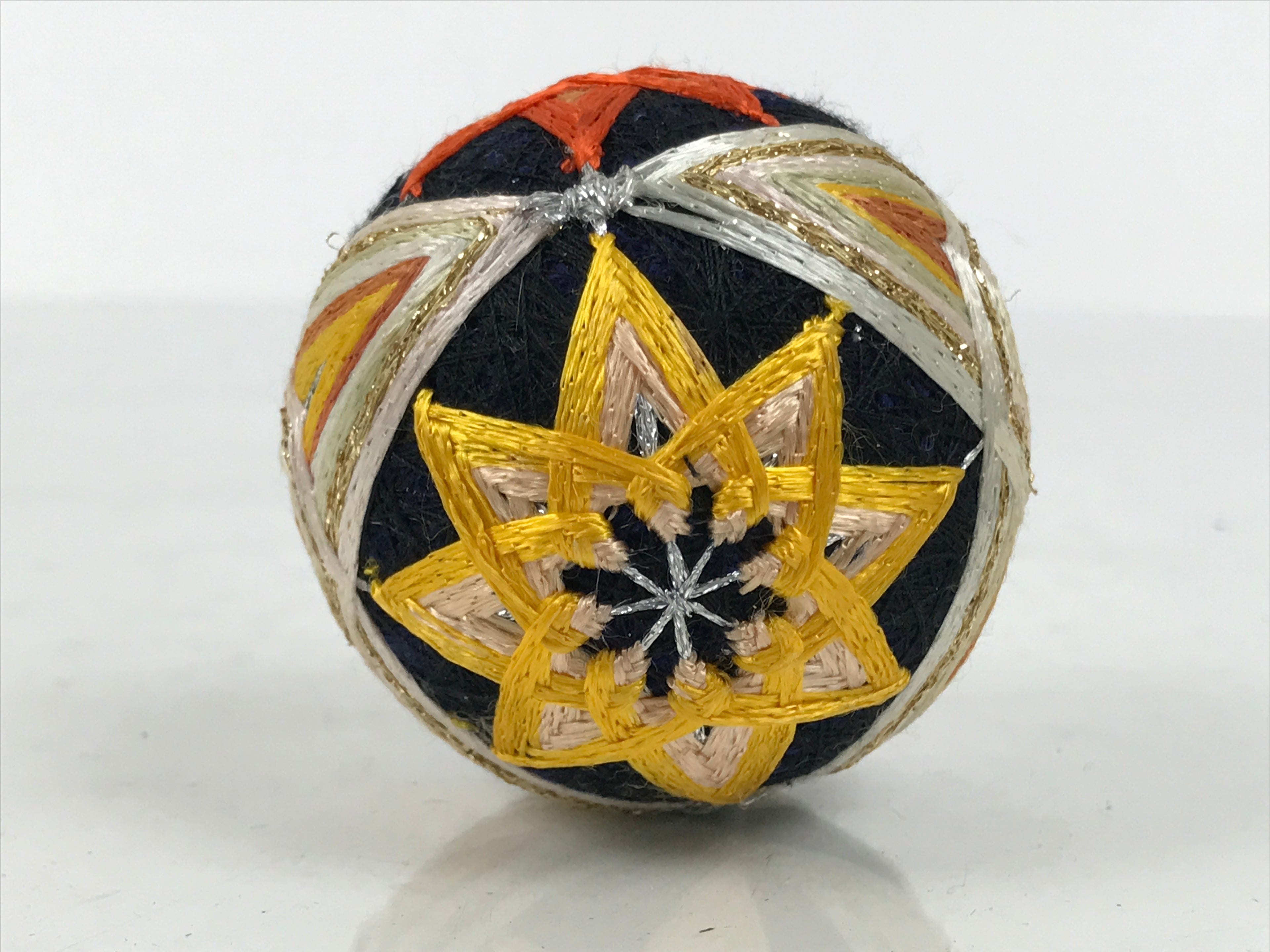 Japanese Embroidered Silk Thread Ball Temari Vtg Traditional Toy Blue Gold ID693-TX - Other-chidorivintage.com