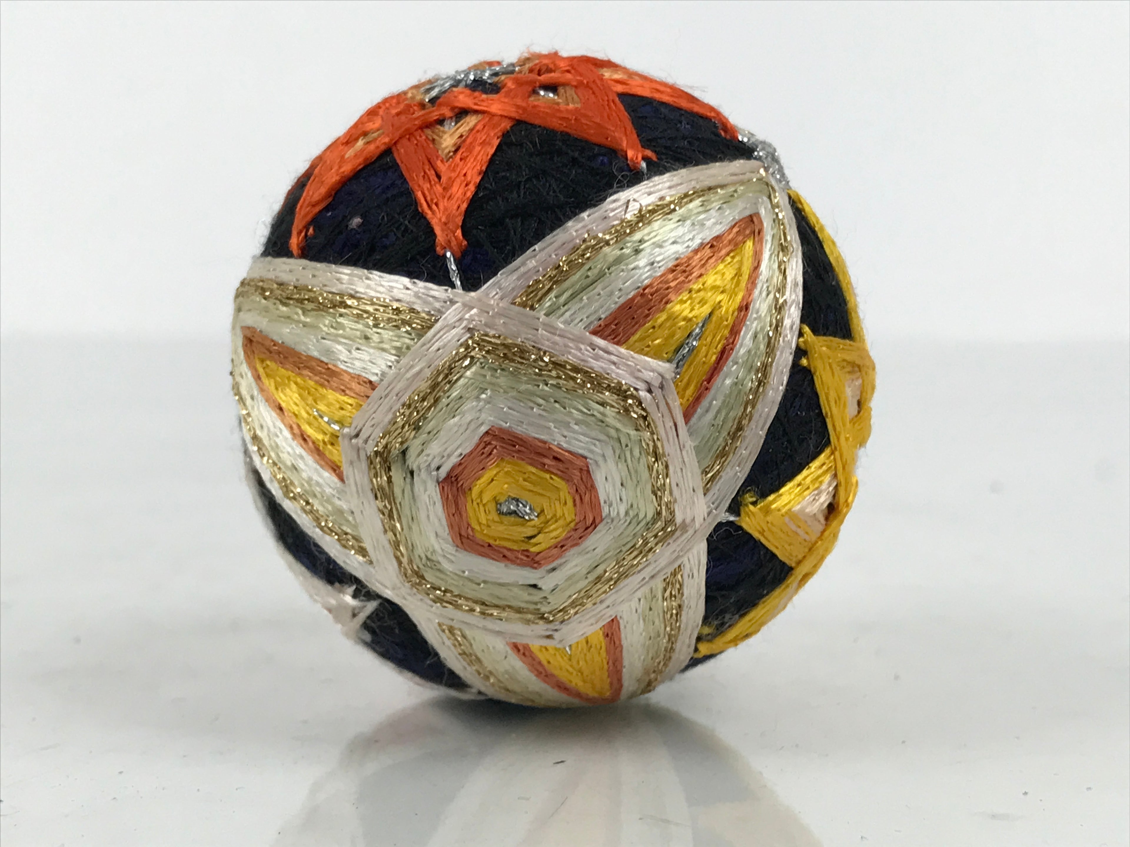 Japanese Embroidered Silk Thread Ball Temari Vtg Traditional Toy Blue Gold ID693-TX - Other-chidorivintage.com