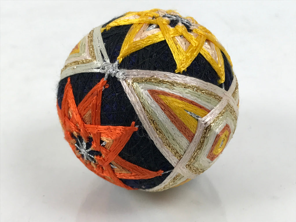 Japanese Embroidered Silk Thread Ball Temari Vtg Traditional Toy Blue Gold ID693-TX - Other-chidorivintage.com