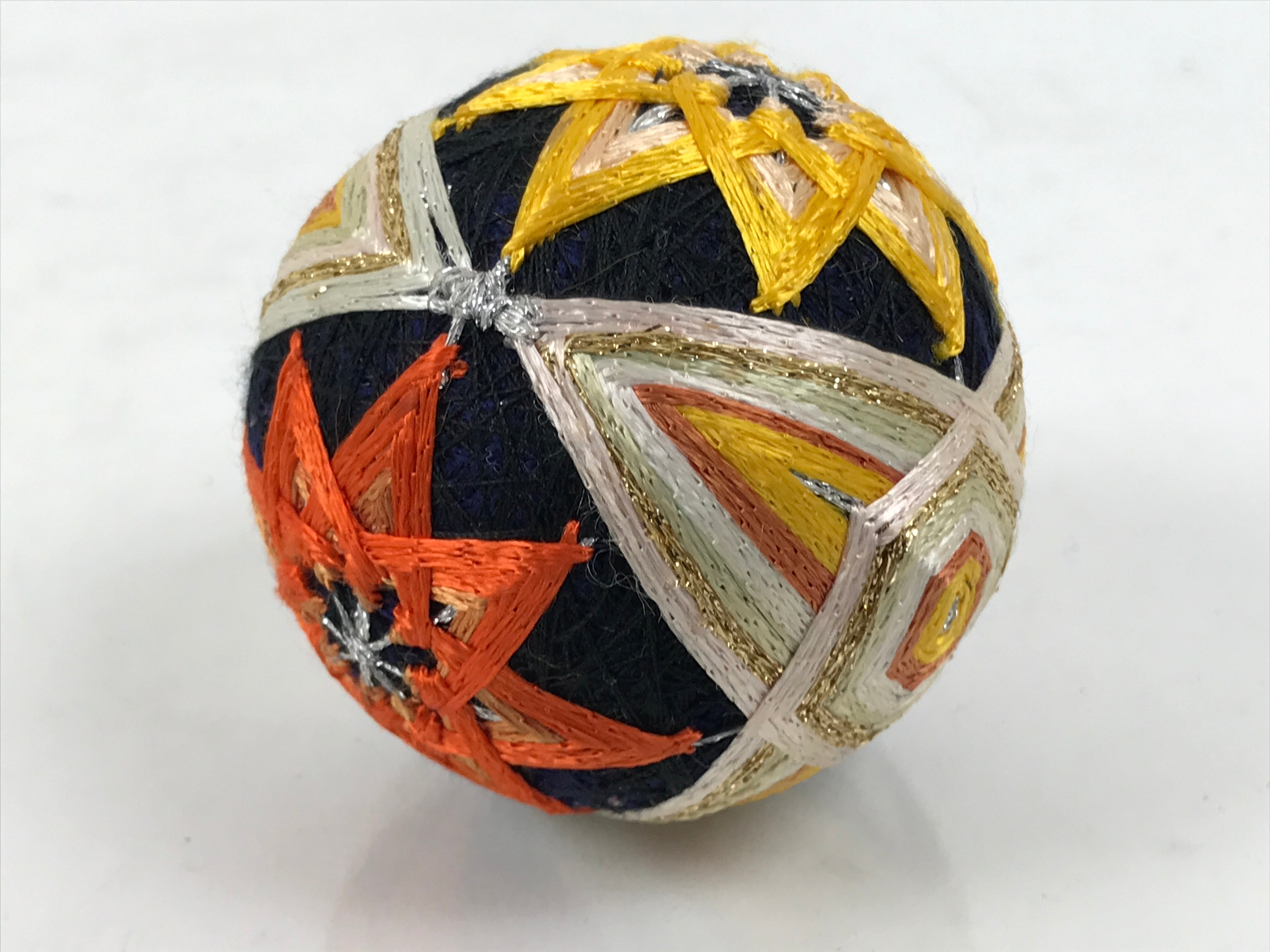 Japanese Embroidered Silk Thread Ball Temari Vtg Traditional Toy Blue Gold ID693-TX - Other-chidorivintage.com