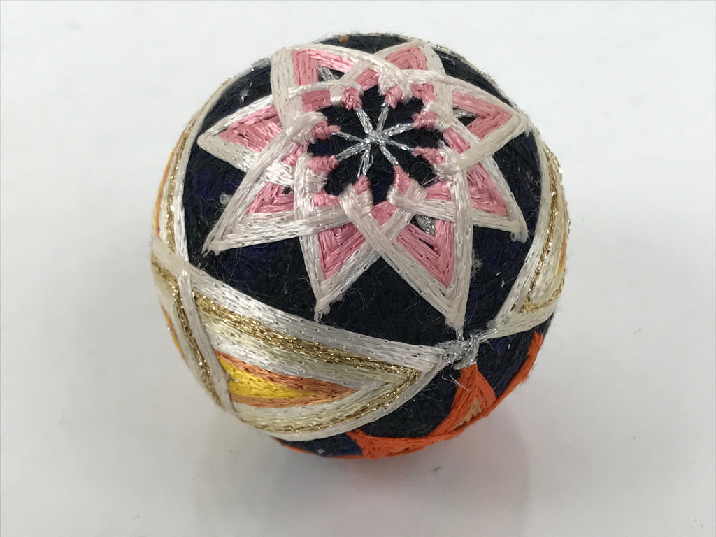 Japanese Embroidered Silk Thread Ball Temari Vtg Traditional Toy Blue Gold ID693-TX - Other-chidorivintage.com