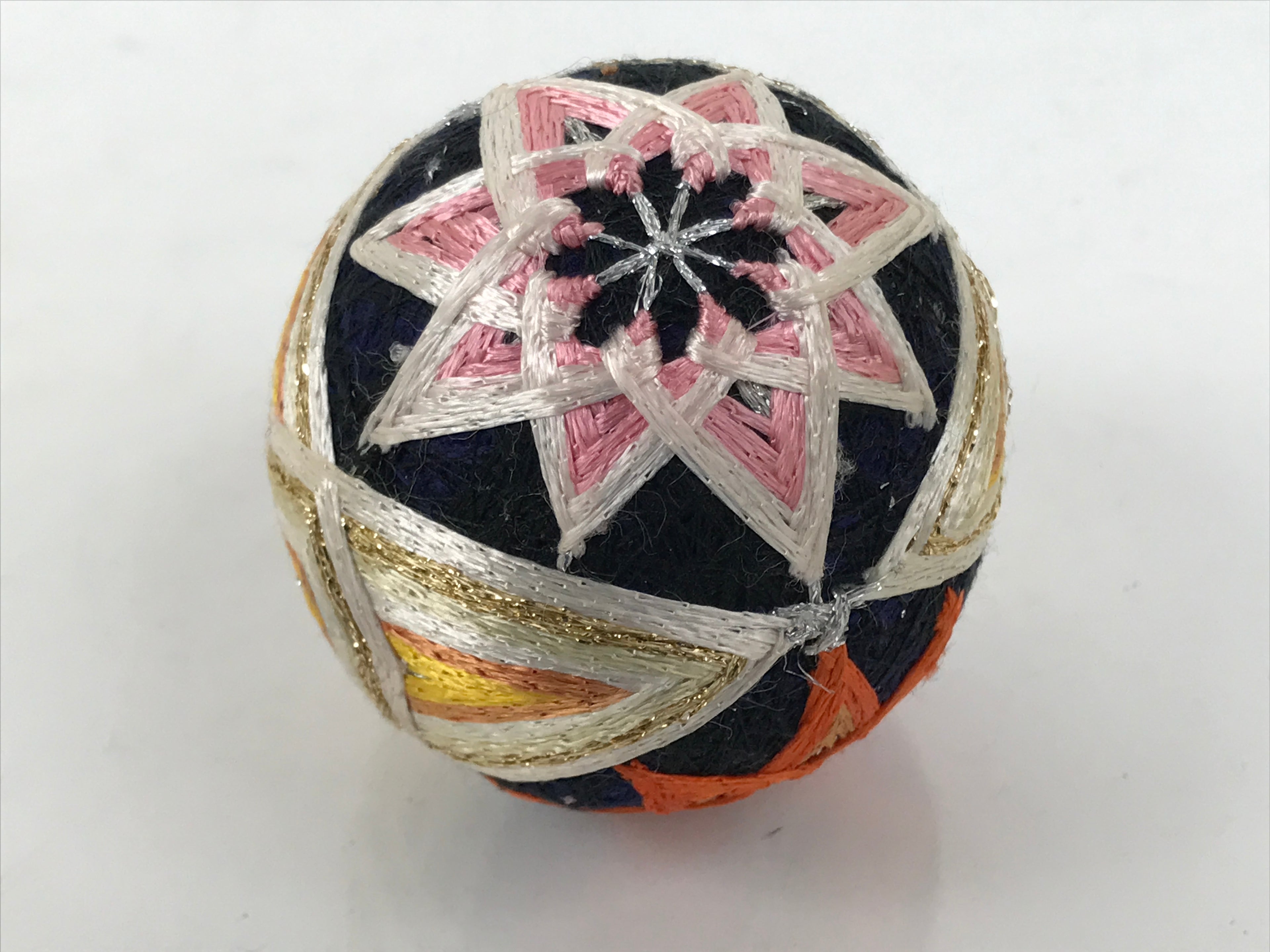 Japanese Embroidered Silk Thread Ball Temari Vtg Traditional Toy Blue Gold ID693-TX - Other-chidorivintage.com