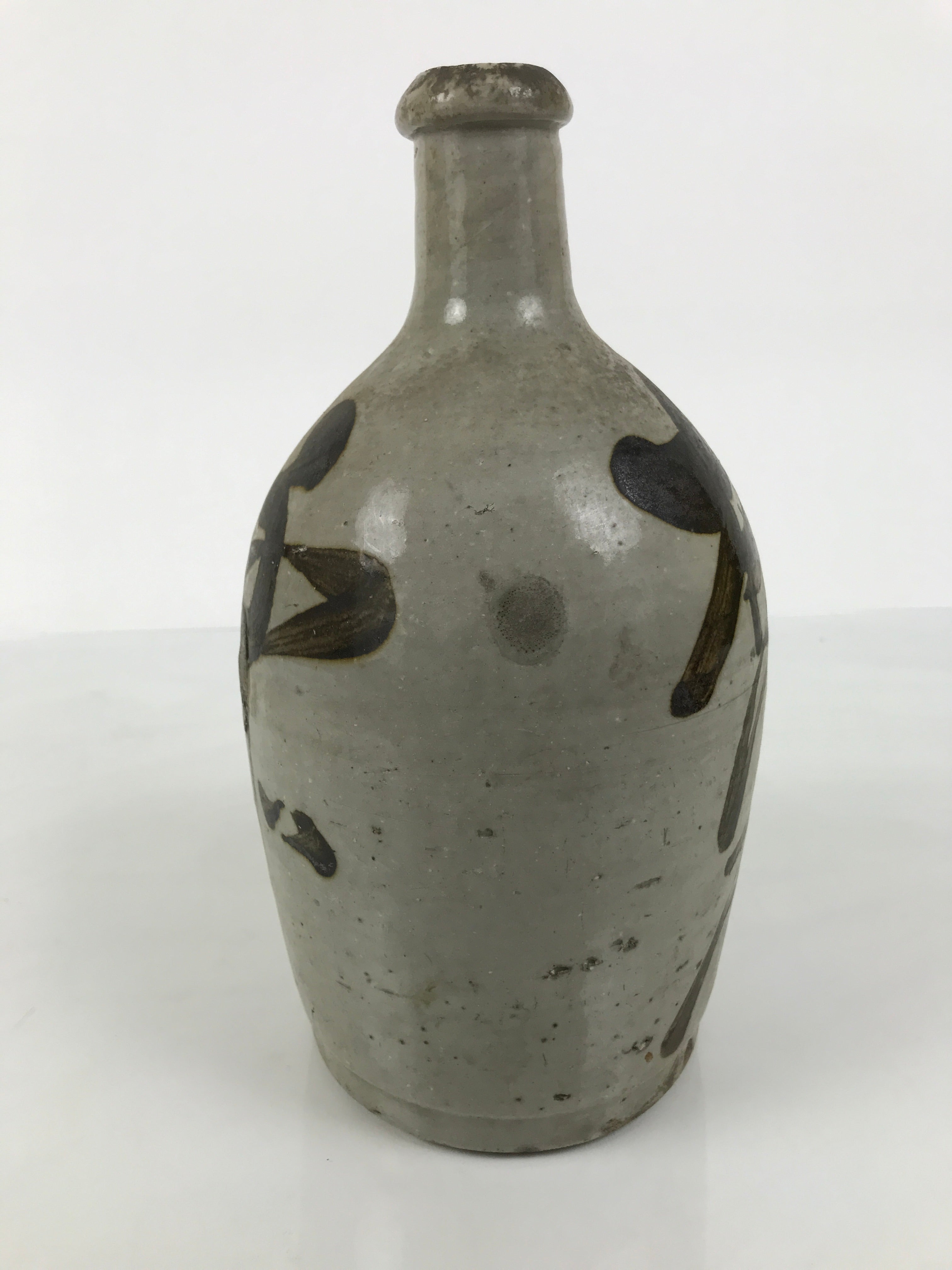 Antique Japanese Ceramic Sake Bottle Kayoi-Tokkuri Gray Brown Kanji TS926-KT - Sake Bottle-chidorivintage.com
