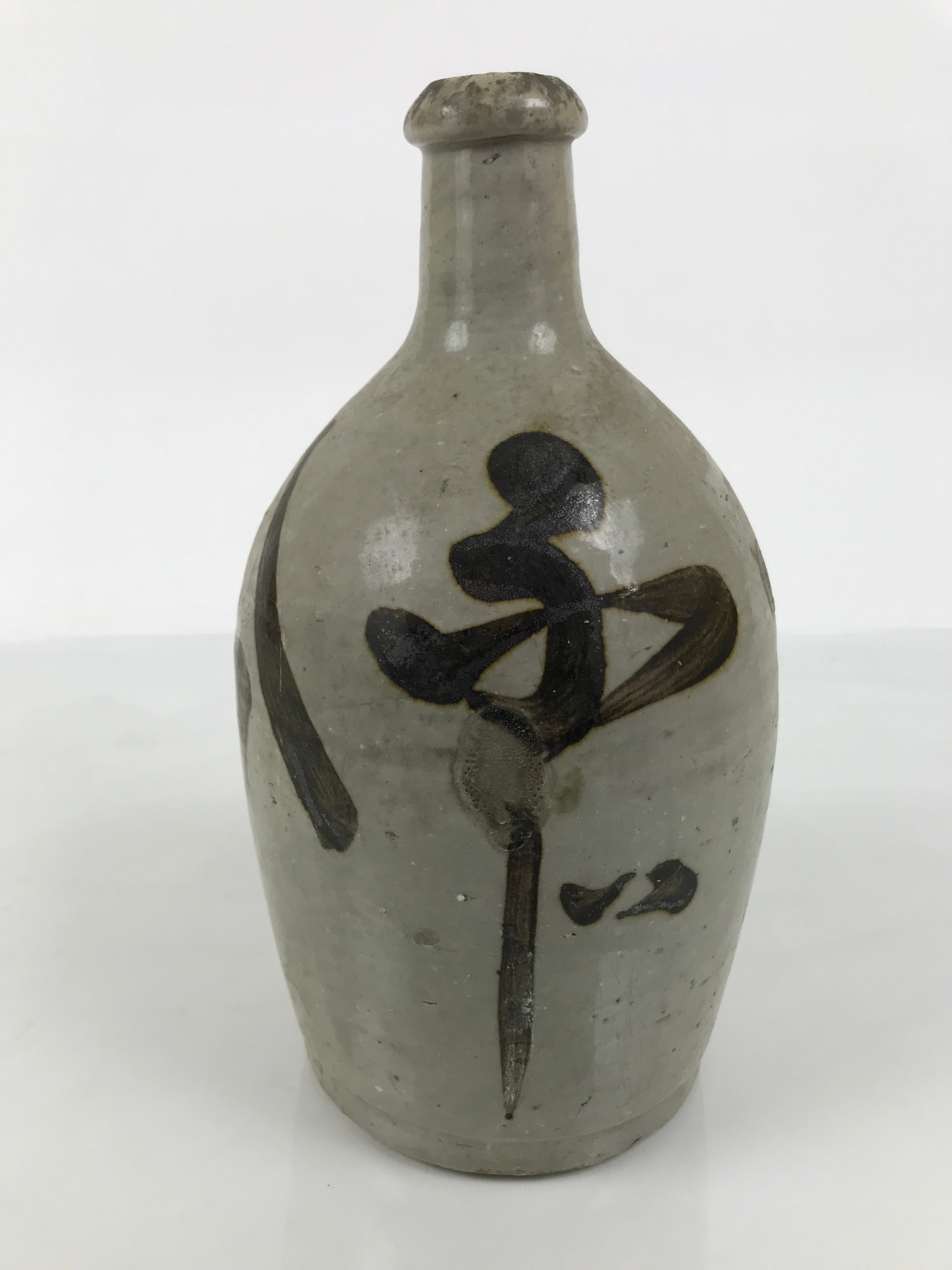 Antique Japanese Ceramic Sake Bottle Kayoi-Tokkuri Gray Brown Kanji TS926-KT - Sake Bottle-chidorivintage.com
