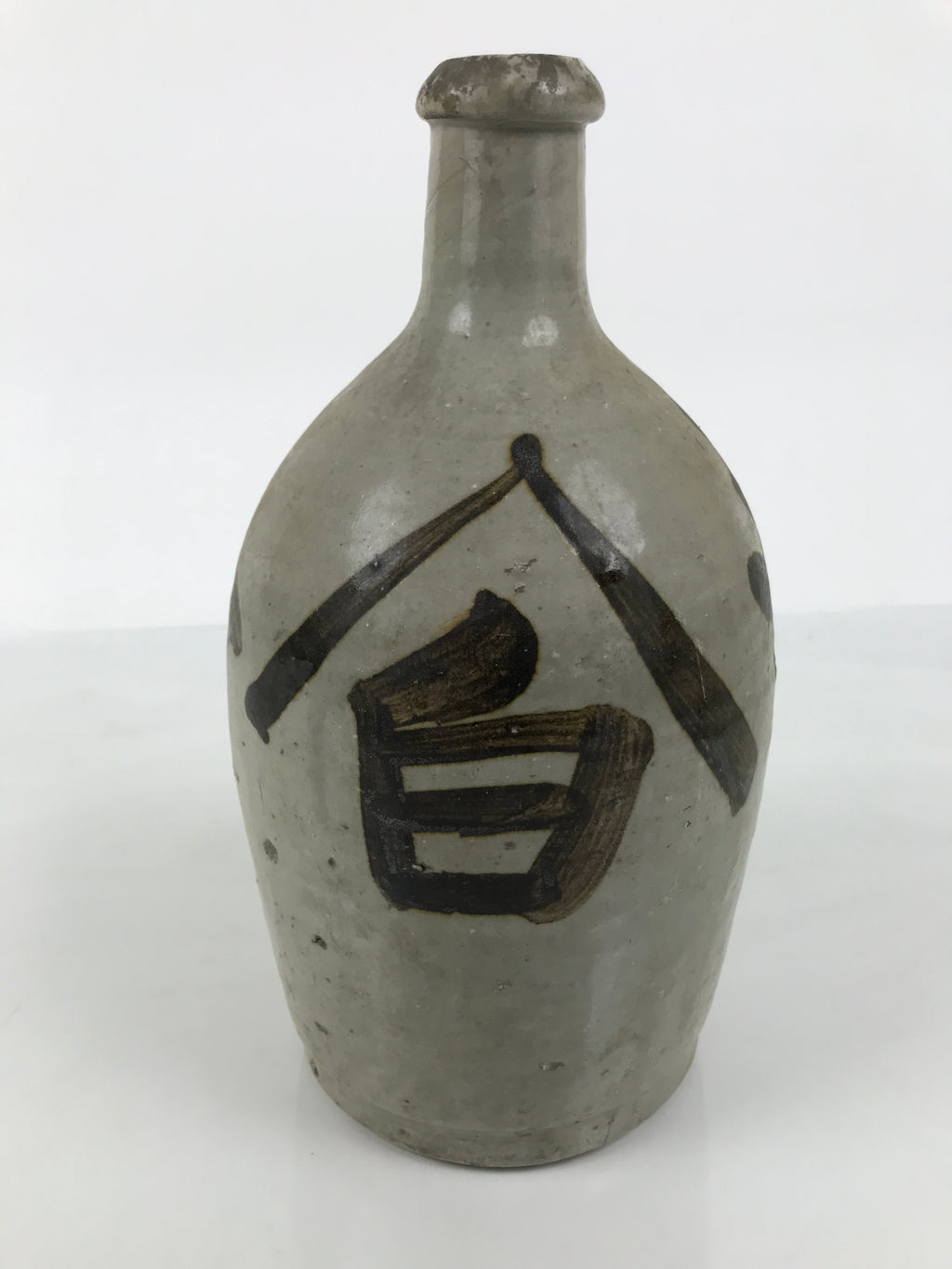 Antique Japanese Ceramic Sake Bottle Kayoi-Tokkuri Gray Brown Kanji TS926-KT - Sake Bottle-chidorivintage.com