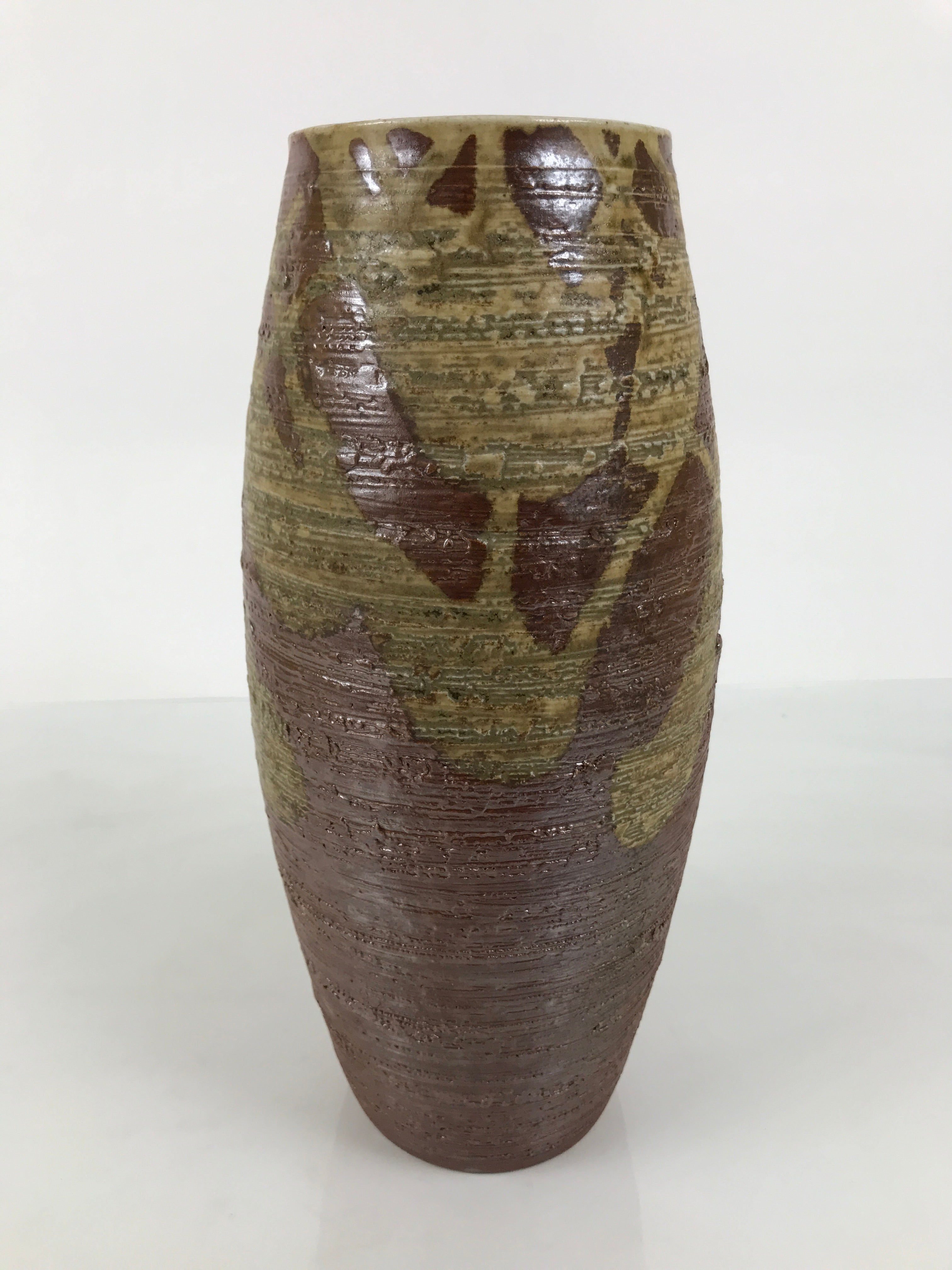 Japanese Shigaraki Ware Ceramic Flower Vase Vtg Ikebana Kabin Lines Brown FK253-KT - Vase-chidorivintage.com