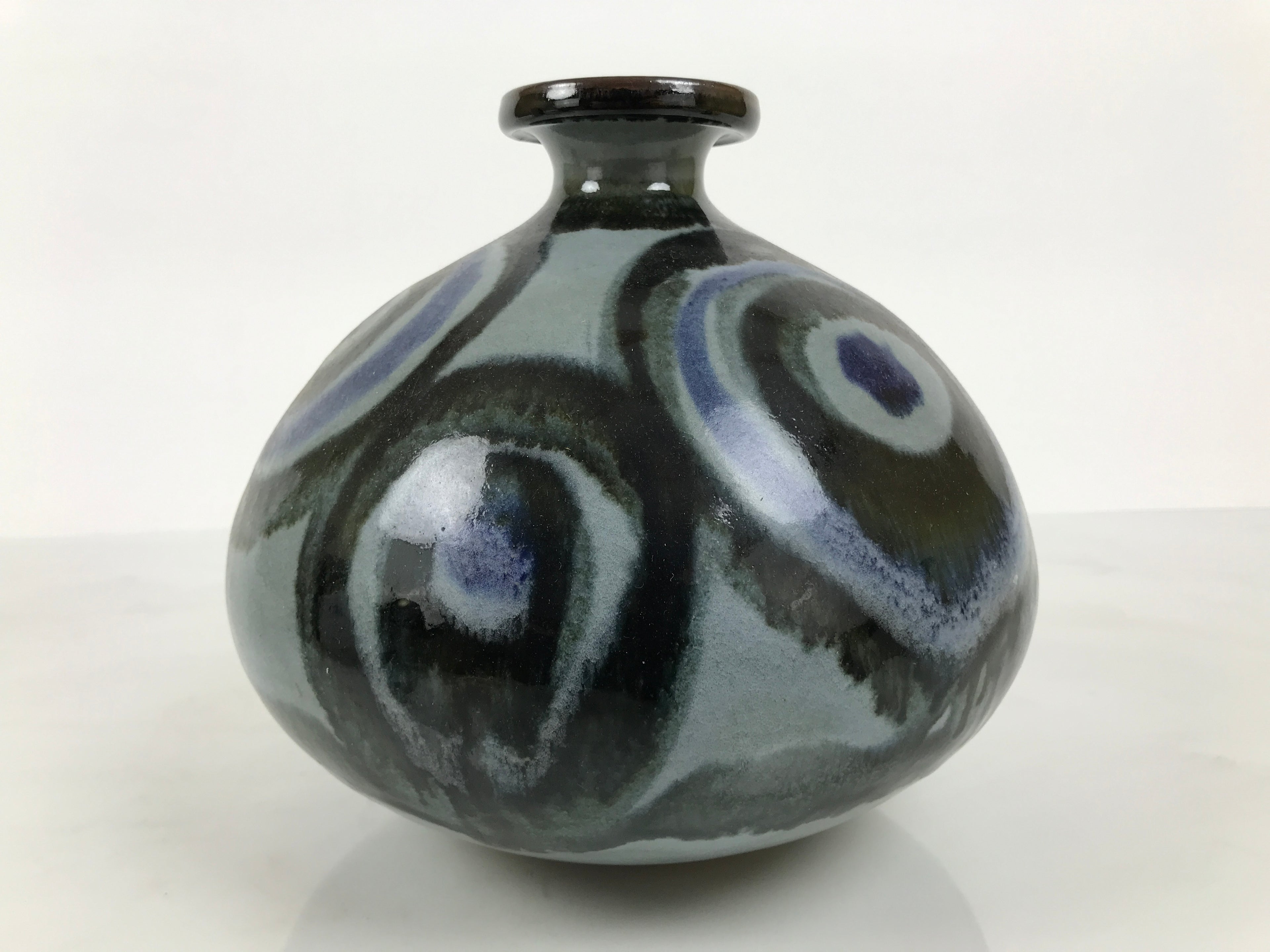 Japanese Ceramic Flower Vase Vtg Ikebana Kabin Gray Blue Black Whirl Wide FK260-KT - Vase-chidorivintage.com