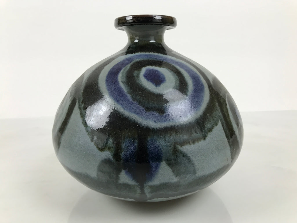 Japanese Ceramic Flower Vase Vtg Ikebana Kabin Gray Blue Black Whirl Wide FK260-KT - Vase-chidorivintage.com